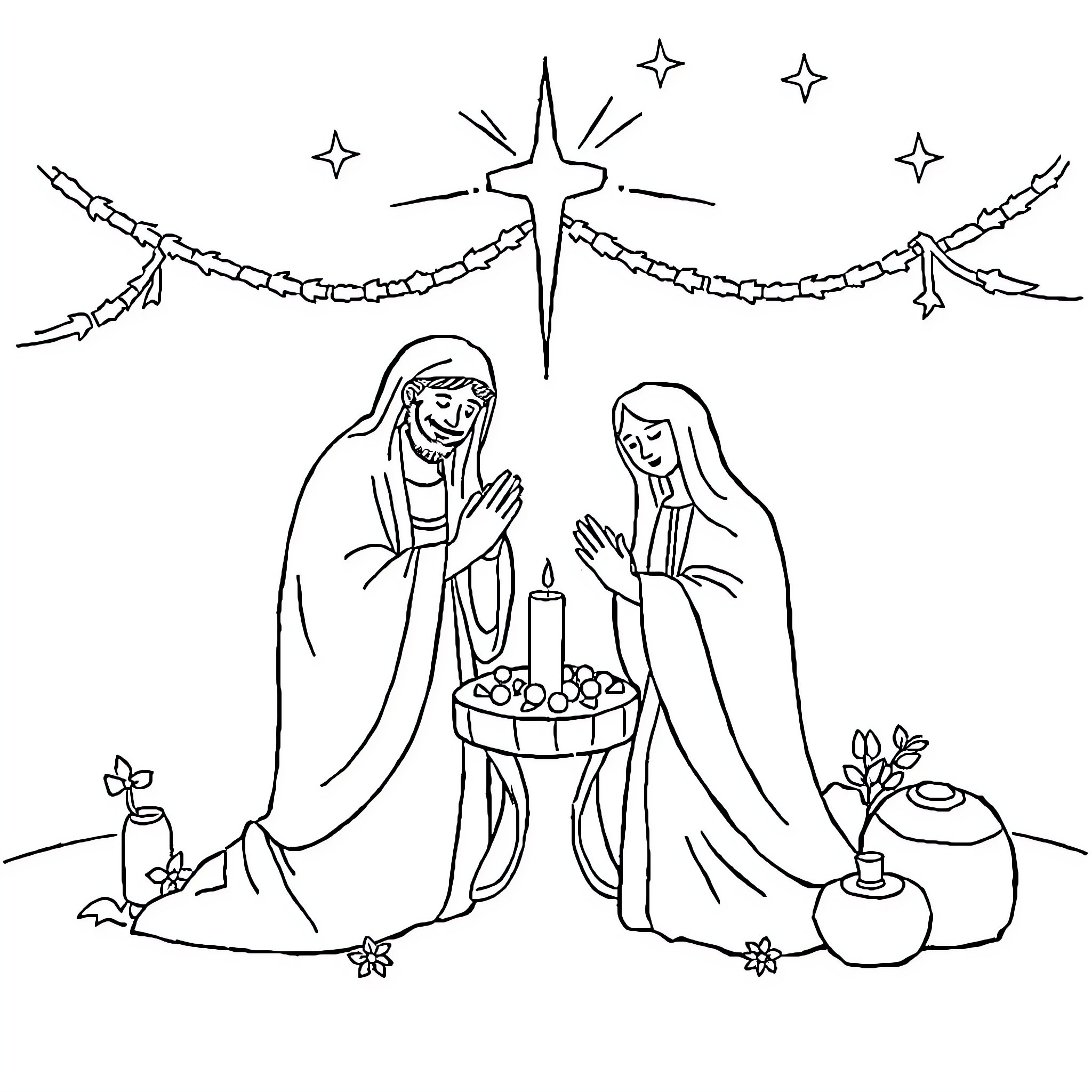Holiday Holy Family with Candles and Stars Coloring Page (free black-and-white line drawing printable PDF for all, from beginners to advanced learners, including children, teens, adults, and seniors)