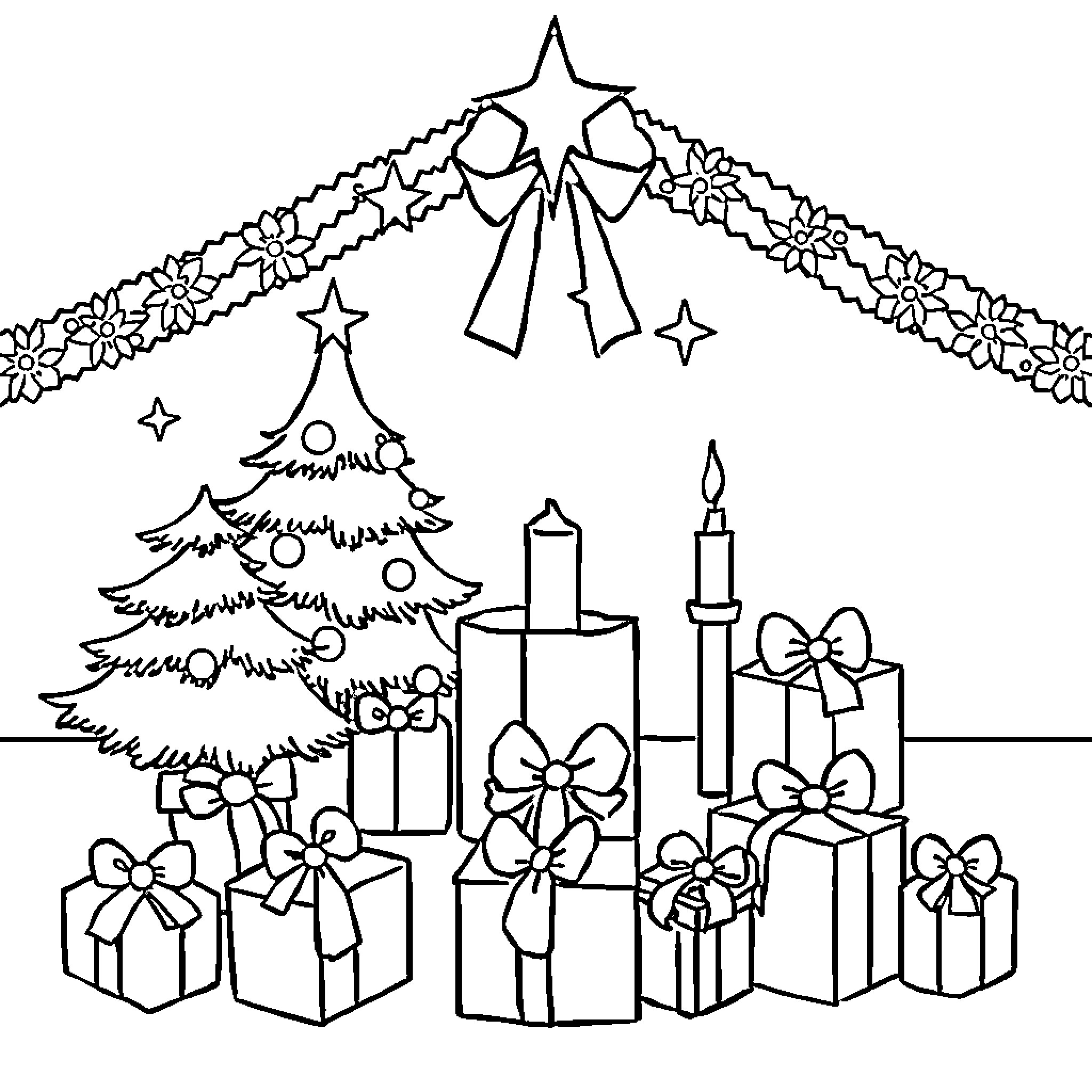 Christmas decorations and presents Coloring Page (free black-and-white line drawing printable PDF for all, from beginners to advanced learners, including children, teens, adults, and seniors)