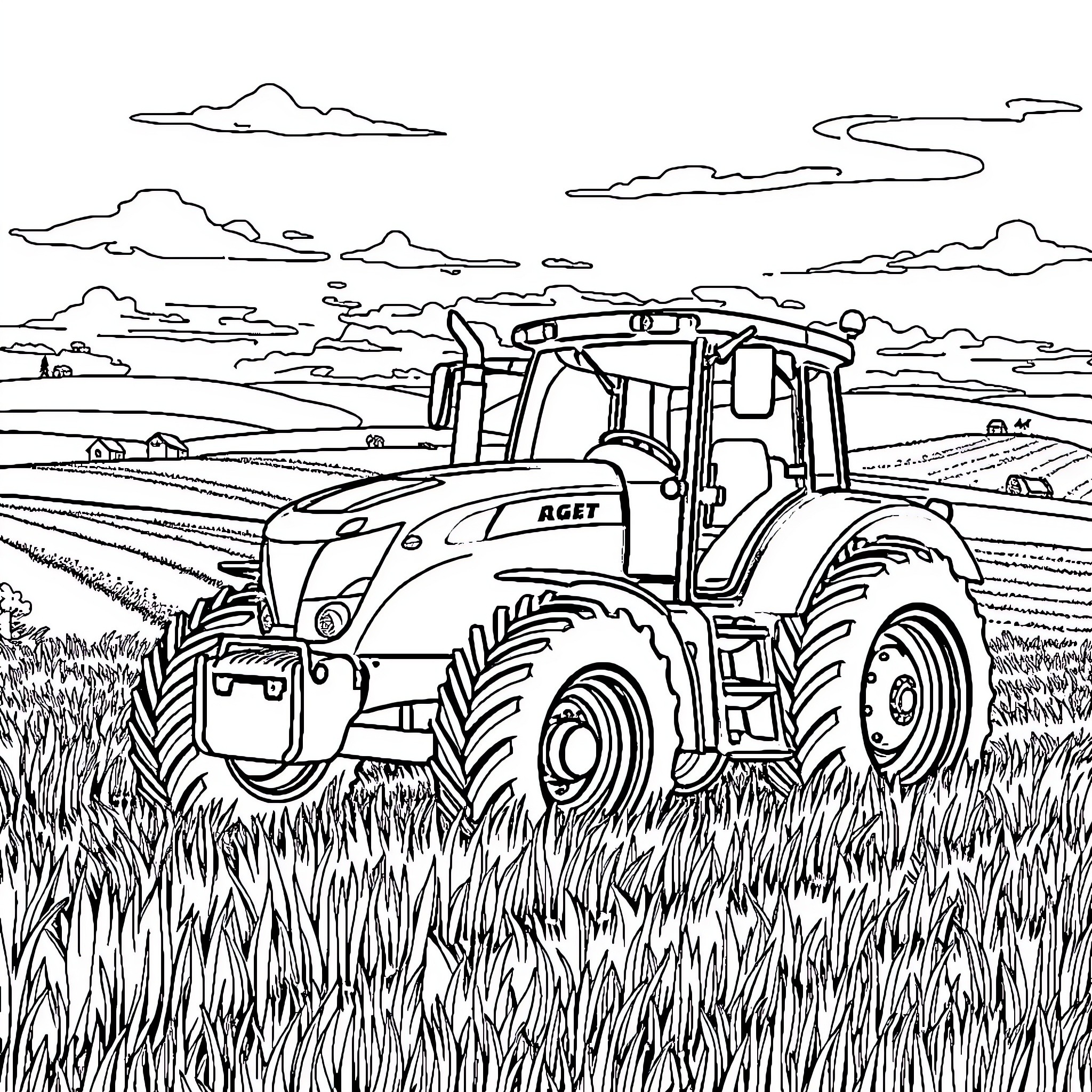 Tractor plowing through lush green fields Coloring Page (free black-and-white line drawing printable PDF for all, from beginners to advanced learners, including children, teens, adults, and seniors)