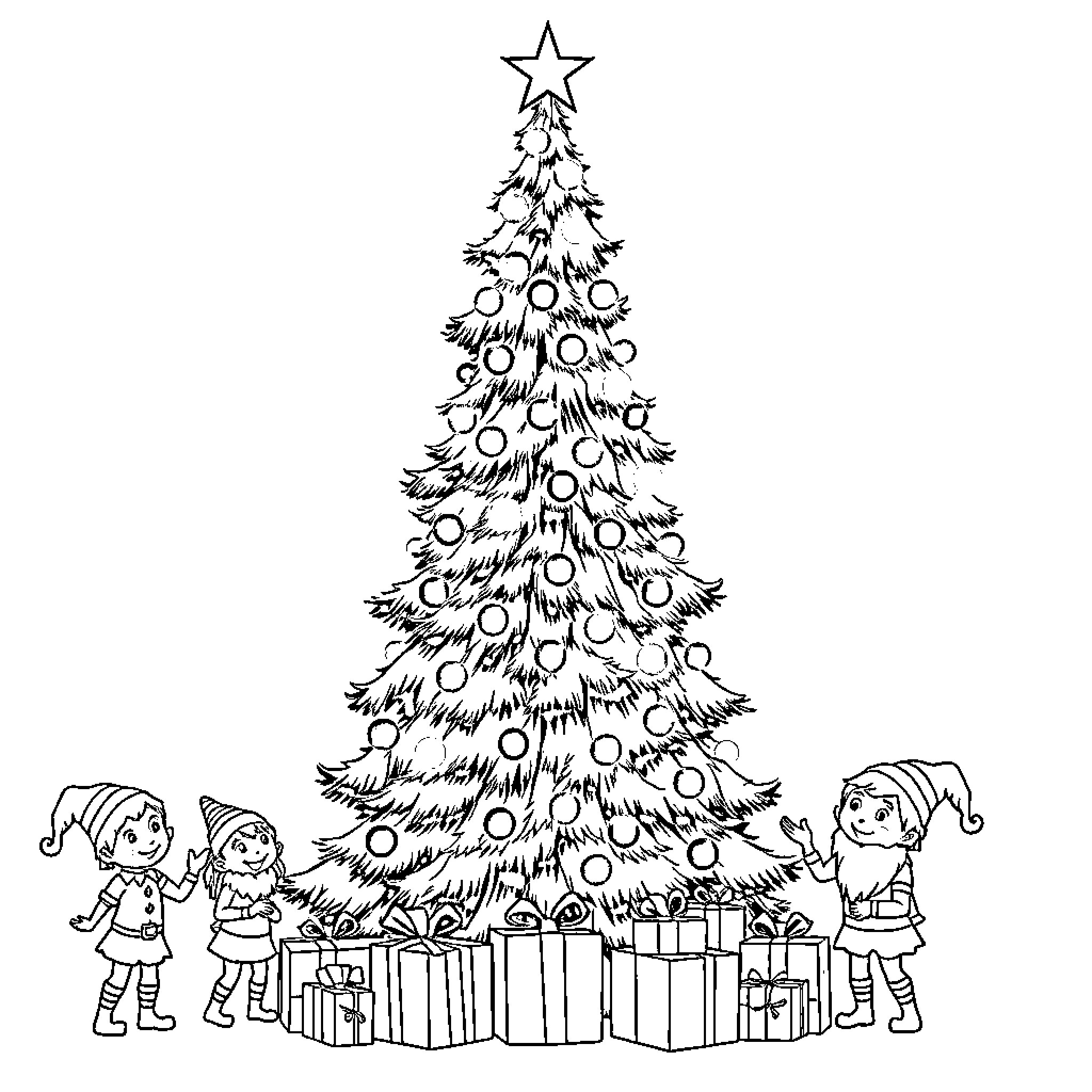 Christmas Tree Decorated with Children and Presents Coloring Page (free black-and-white line drawing printable PDF for all, from beginners to advanced learners, including children, teens, adults, and seniors)