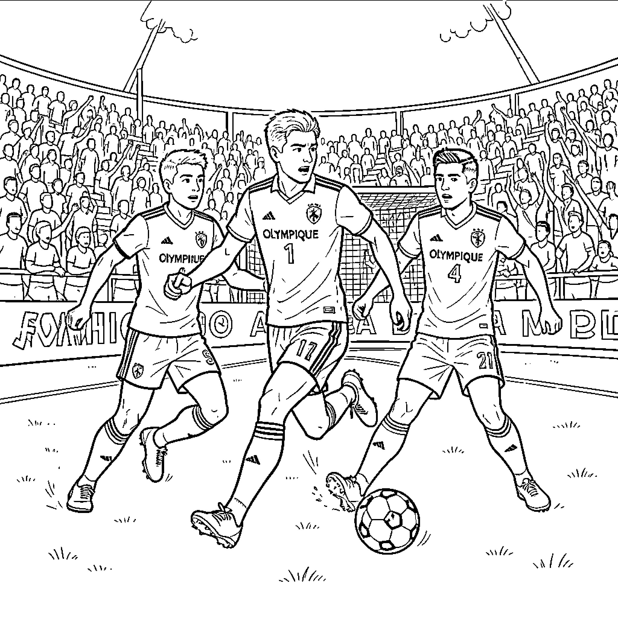 Olympique soccer players competing intensely during a match Coloring Page (free black-and-white line drawing printable PDF for all, from beginners to advanced learners, including children, teens, adults, and seniors)
