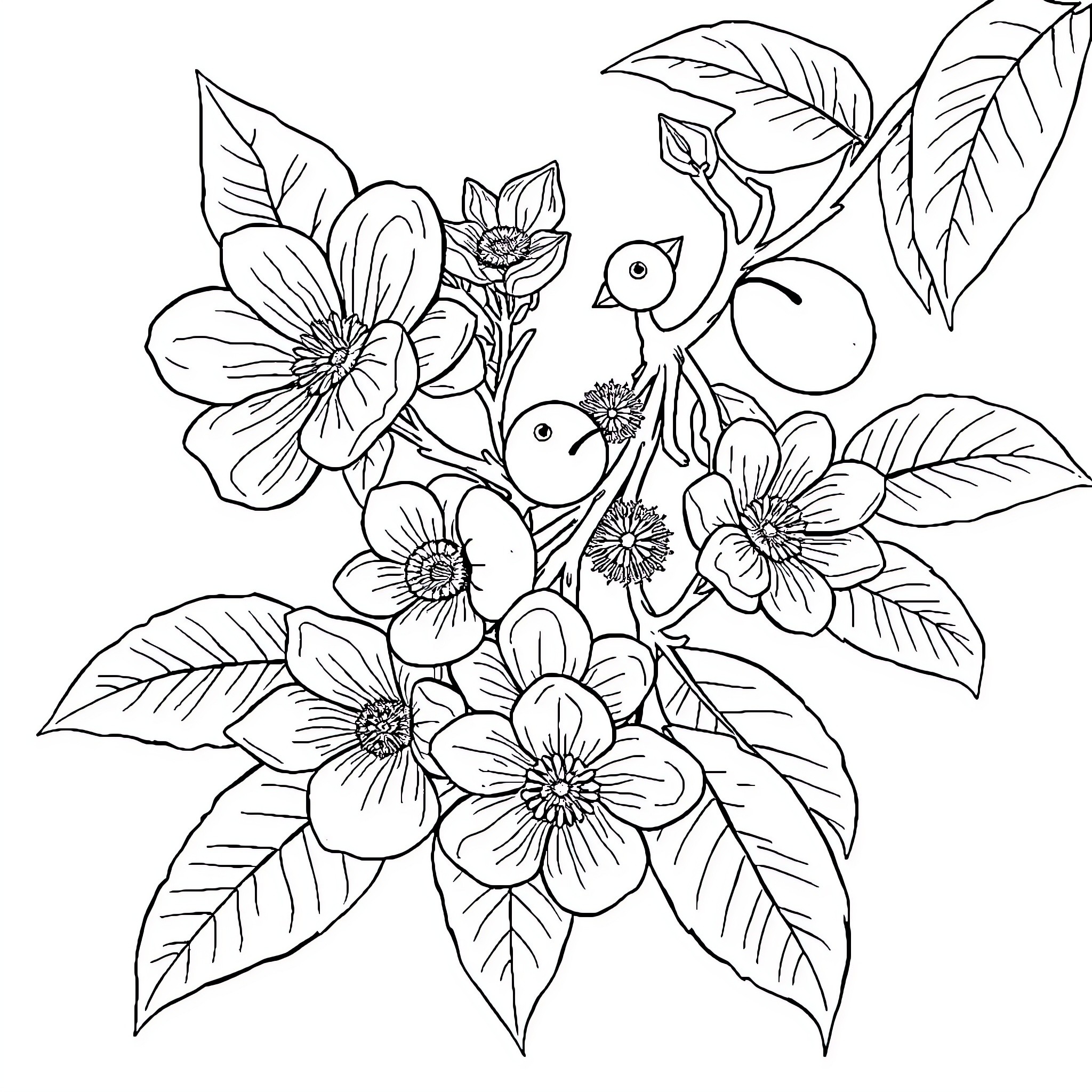 Fruit Flowers and Birds in Botanical Scene Coloring Page (free black-and-white line drawing printable PDF for all, from beginners to advanced learners, including children, teens, adults, and seniors)