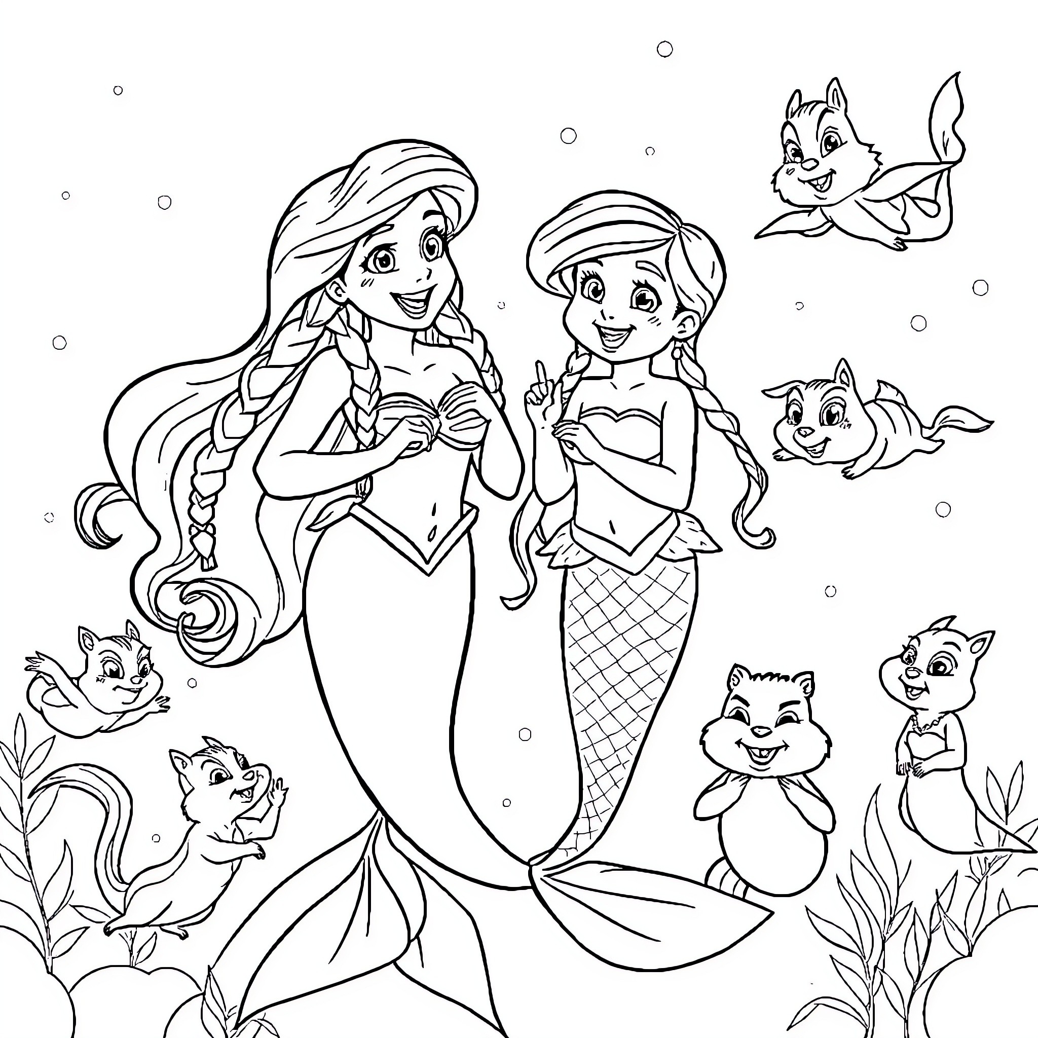 Ariel and Melody enjoying the underwater world with sea creatures Coloring Page (free black-and-white line drawing printable PDF for all, from beginners to advanced learners, including children, teens, adults, and seniors)