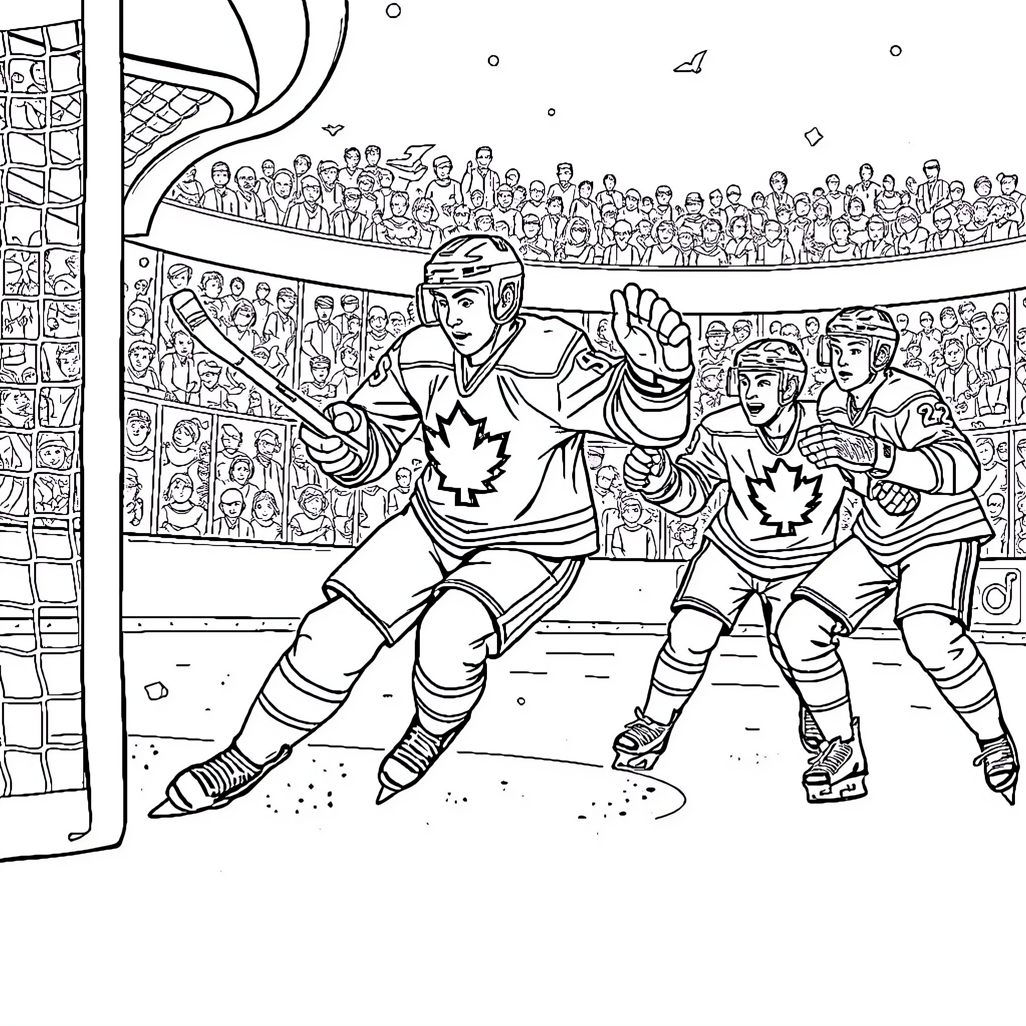 Nick Suzuki Scoring Hockey Goal in Stadium Coloring Page (free black-and-white line drawing printable PDF for all, from beginners to advanced learners, including children, teens, adults, and seniors)