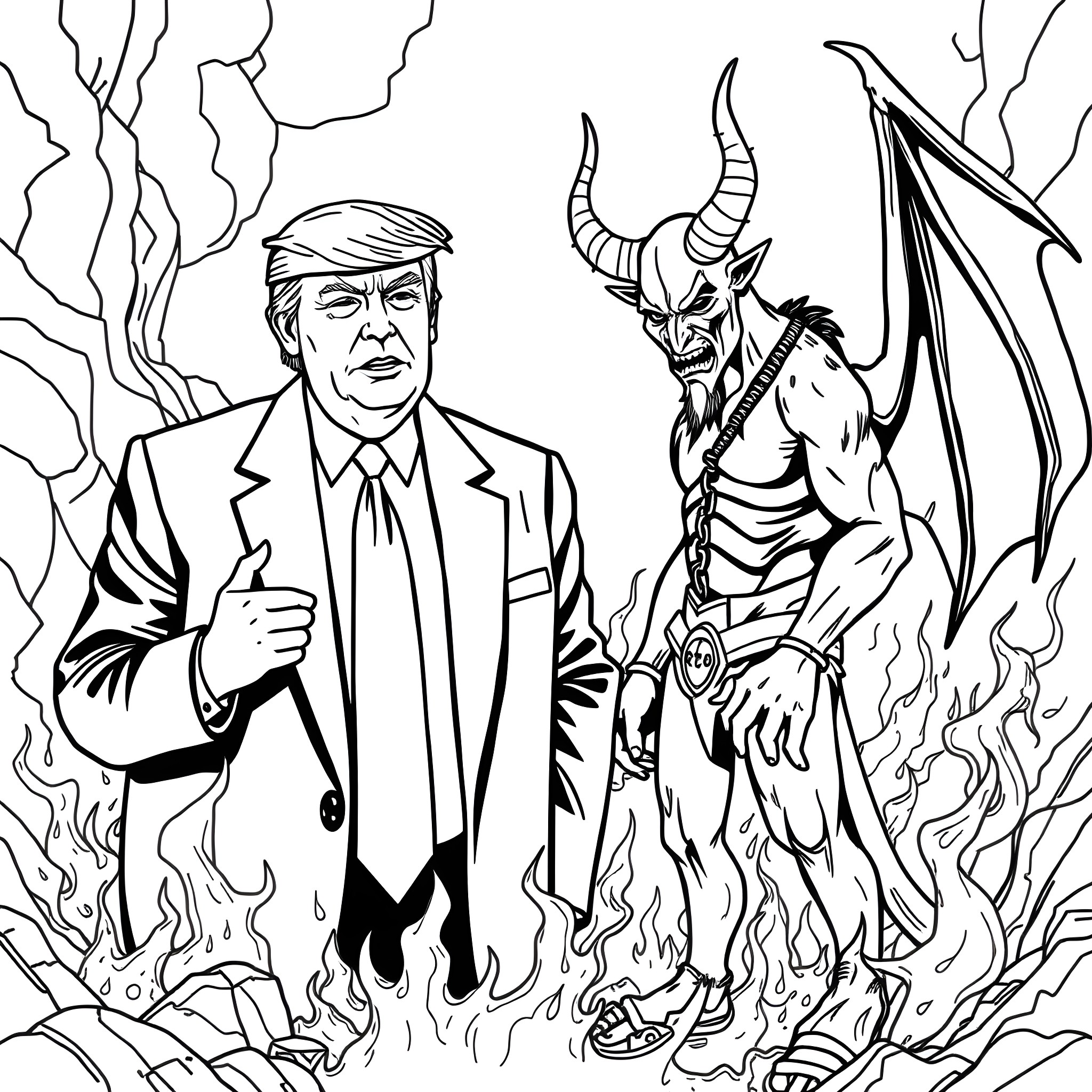 Donald Trump standing beside a demonic figure Coloring Page (free black-and-white line drawing printable PDF for all, from beginners to advanced learners, including children, teens, adults, and seniors)