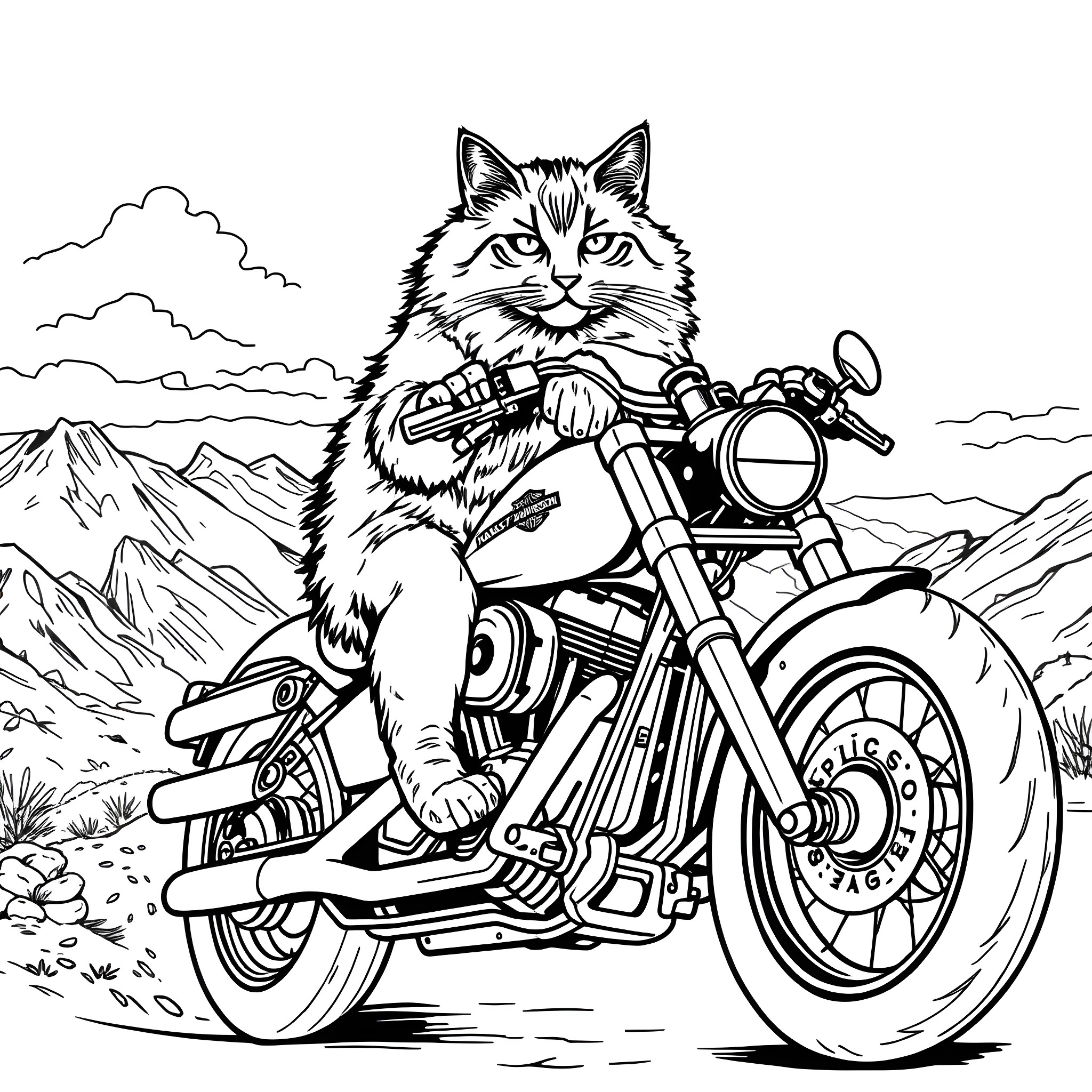 Maine Coon Riding a Motorcycle Through the Mountains Coloring Page (free black-and-white line drawing printable PDF for all, from beginners to advanced learners, including children, teens, adults, and seniors)