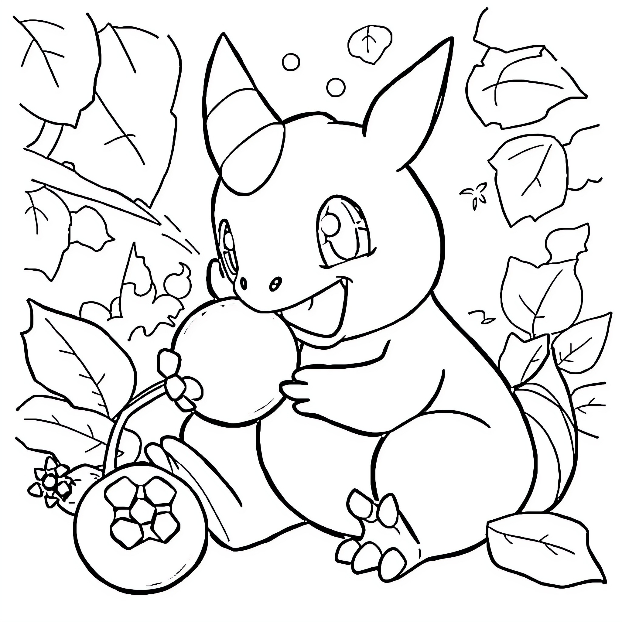 Goinfrex cartoon character surrounded by nature Coloring Page (free black-and-white line drawing printable PDF for all, from beginners to advanced learners, including children, teens, adults, and seniors)