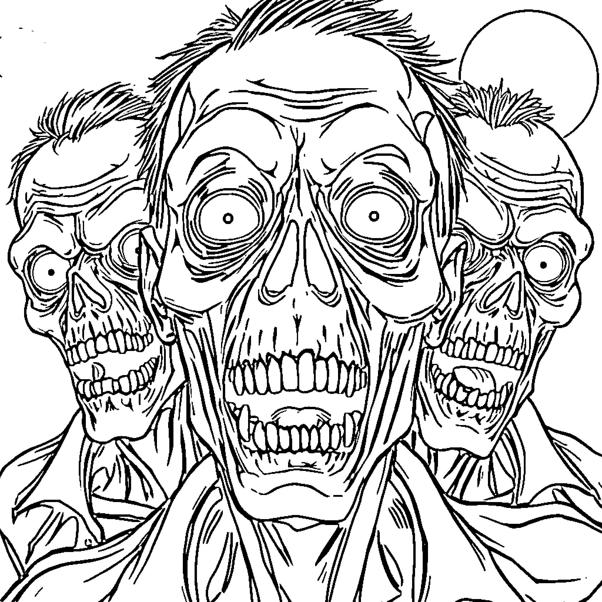Zombie Trio with Grotesque Expressions and Features Coloring Page (free black-and-white line drawing printable PDF for all, from beginners to advanced learners, including children, teens, adults, and seniors)