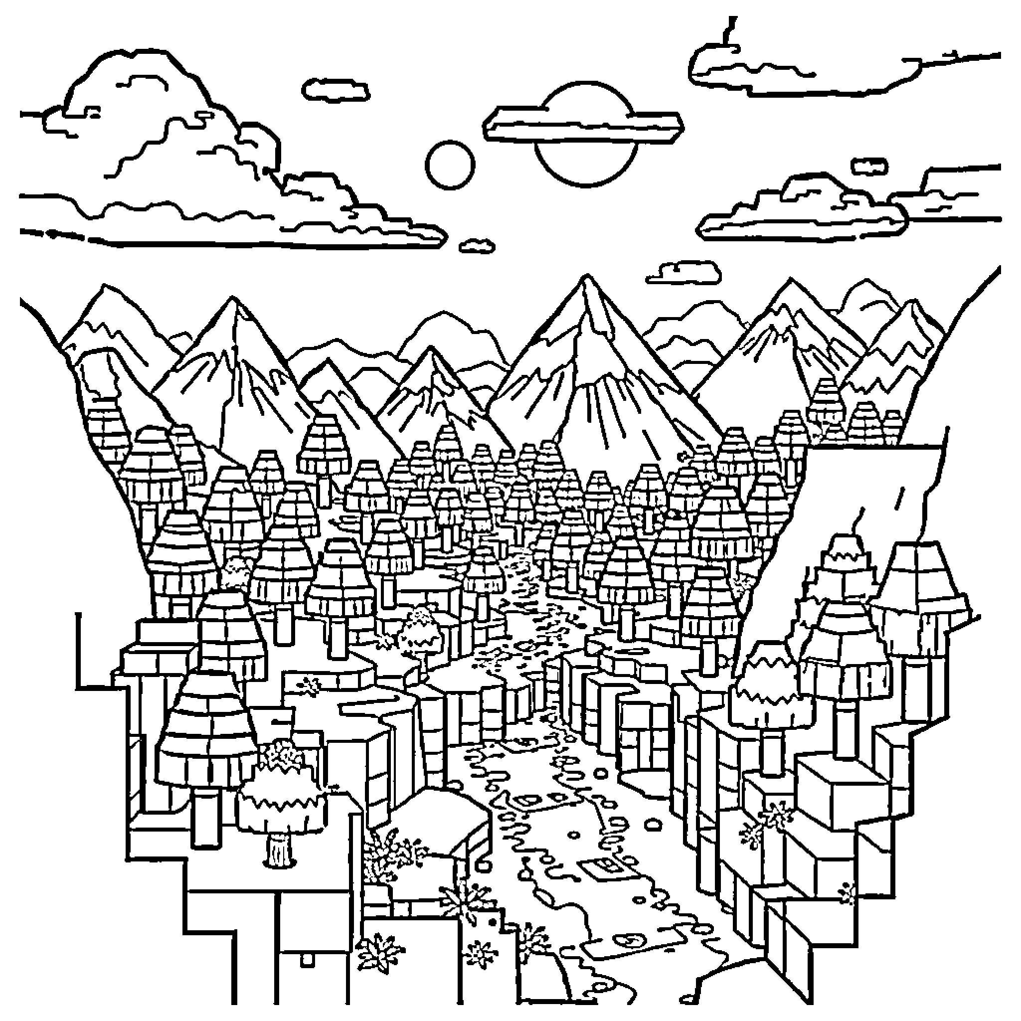 Minecraft scenic landscape with mountains, clouds, and buildings Coloring Page (free black-and-white line drawing printable PDF for all, from beginners to advanced learners, including children, teens, adults, and seniors)