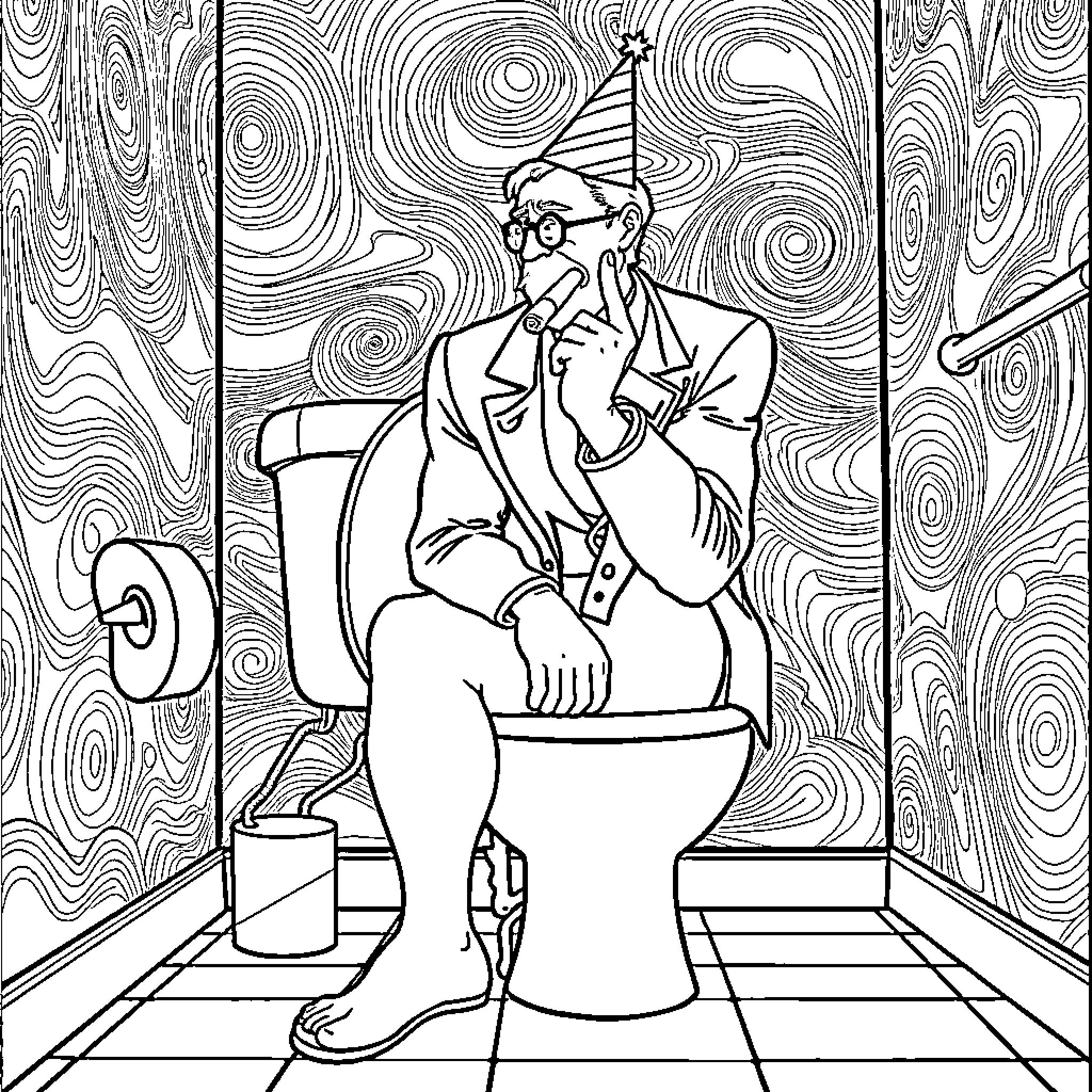 Man sitting contemplatively on toilet Coloring Page (free black-and-white line drawing printable PDF for all, from beginners to advanced learners, including children, teens, adults, and seniors)
