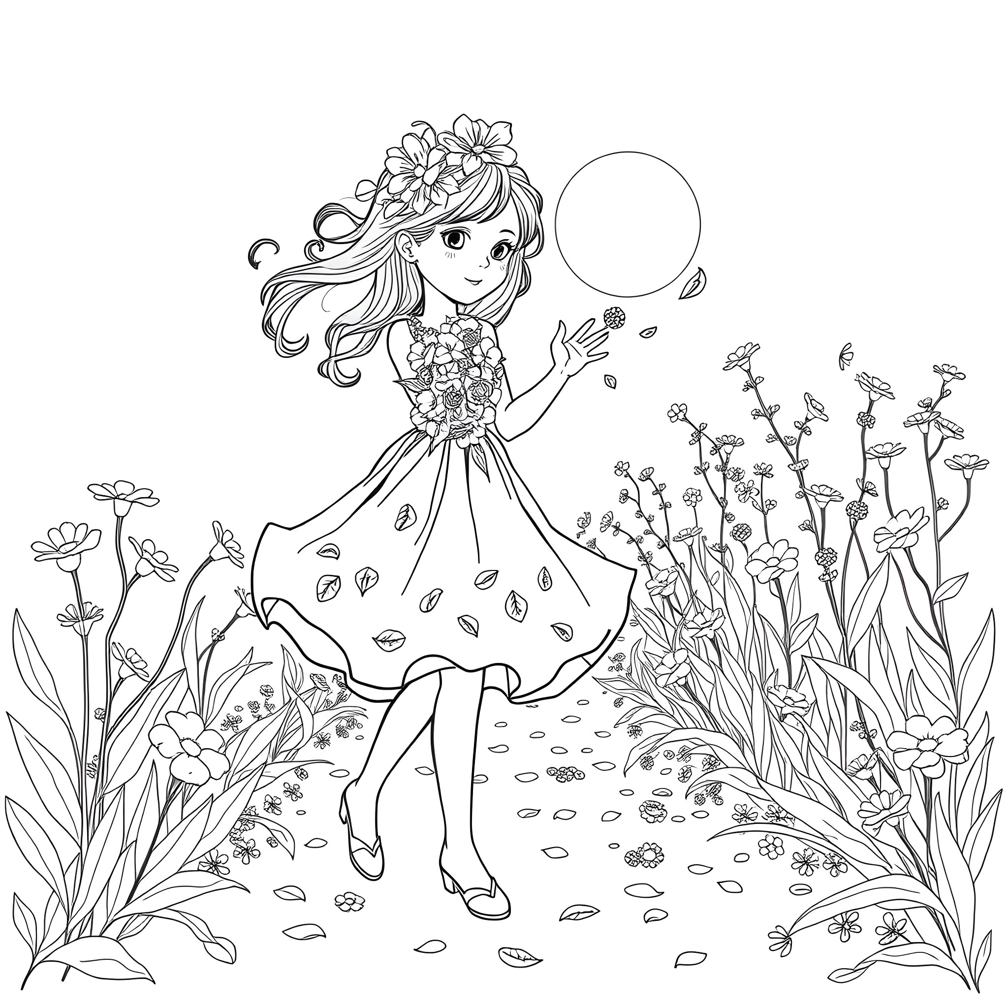 Flower Girl frolicking in a floral meadow Coloring Page (free black-and-white line drawing printable PDF for all, from beginners to advanced learners, including children, teens, adults, and seniors)