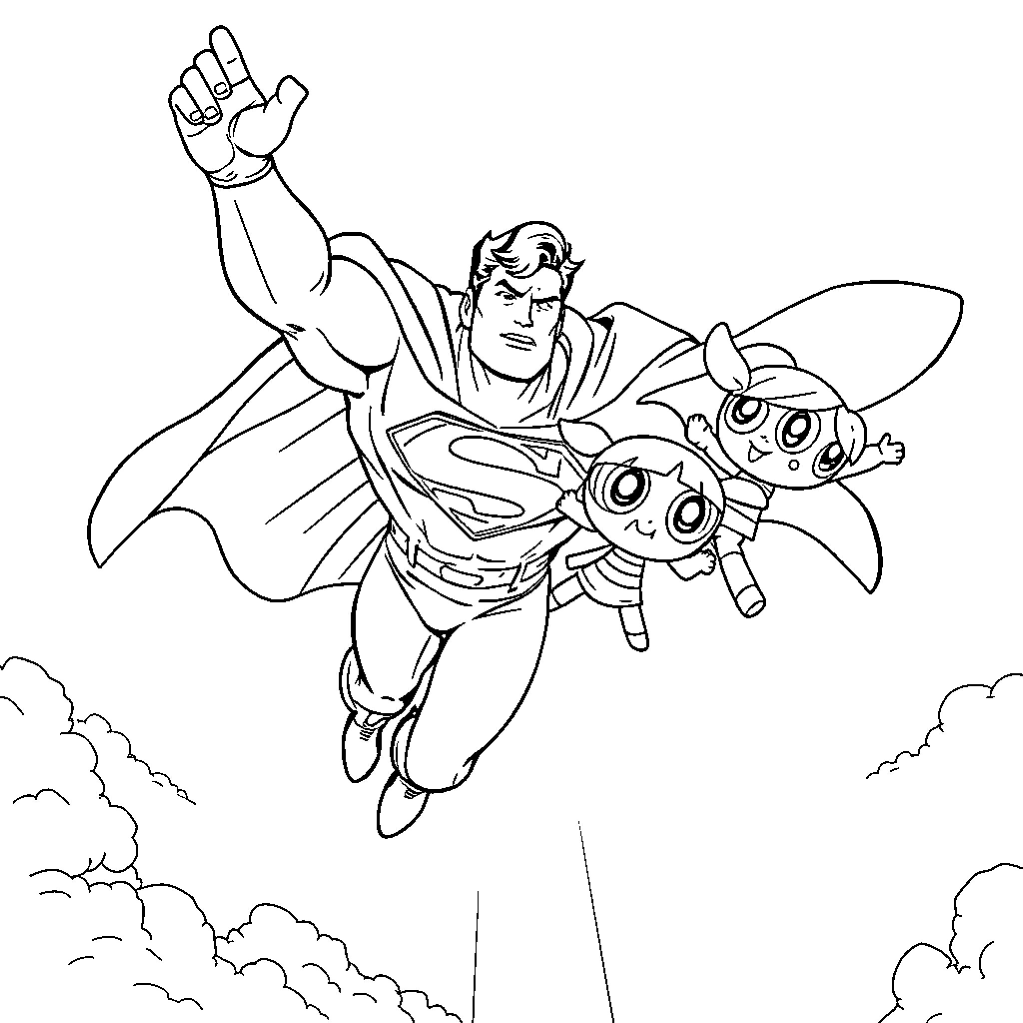 Superman saving two cute characters in flight Coloring Page (free black-and-white line drawing printable PDF for all, from beginners to advanced learners, including children, teens, adults, and seniors)