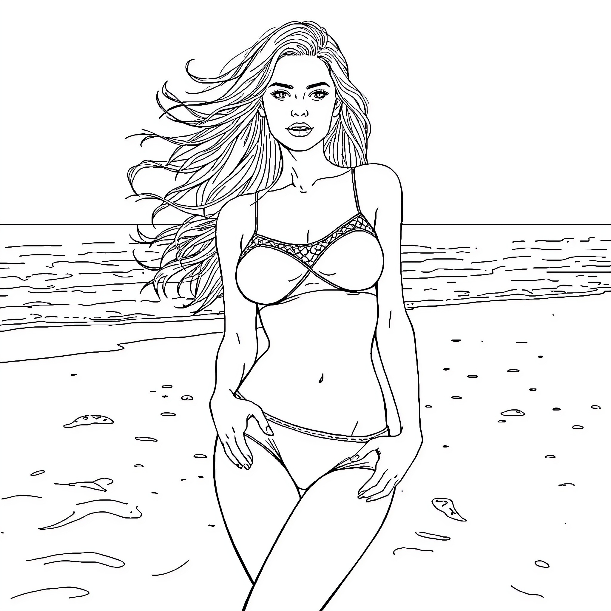 Woman standing confidently in a swimsuit on the beach Coloring Page (free black-and-white line drawing printable PDF for all, from beginners to advanced learners, including children, teens, adults, and seniors)