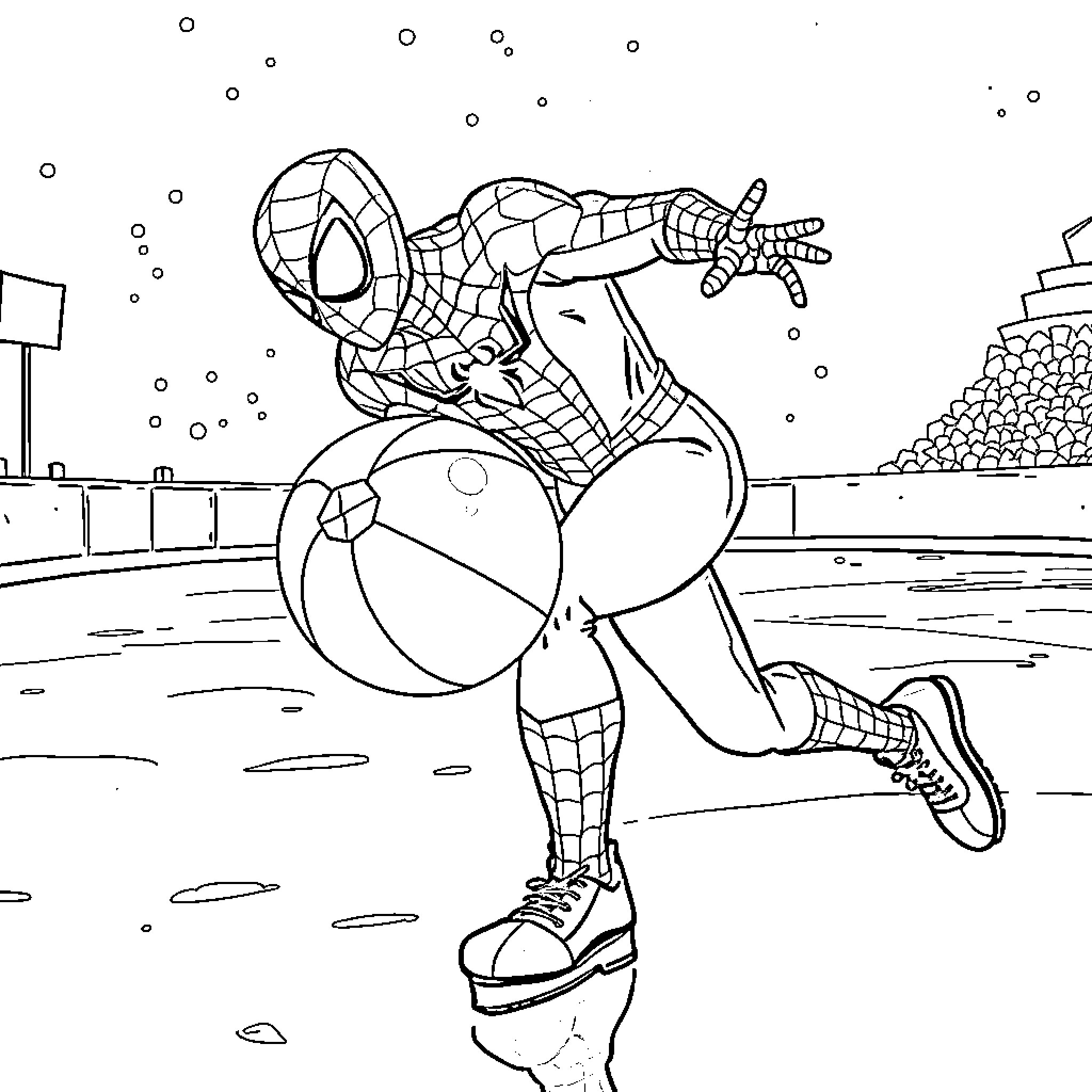 Spiderman enjoying a day at the beach with a beach ball Coloring Page (free black-and-white line drawing printable PDF for all, from beginners to advanced learners, including children, teens, adults, and seniors)