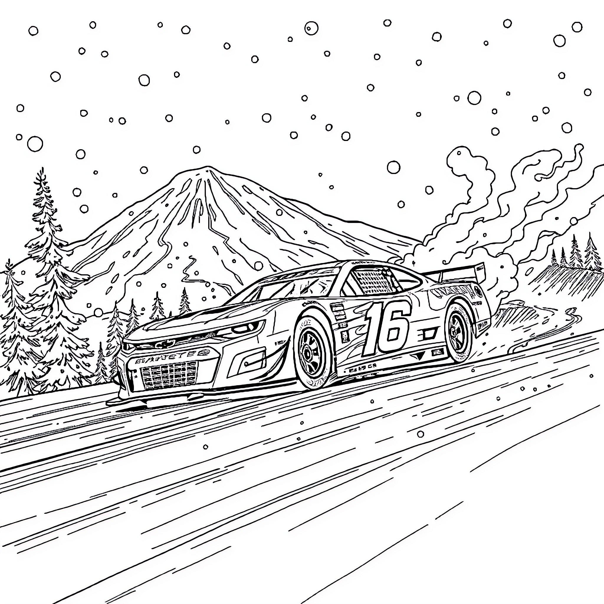 Nascar race car speeding through snowy mountains Coloring Page (free black-and-white line drawing printable PDF for all, from beginners to advanced learners, including children, teens, adults, and seniors)