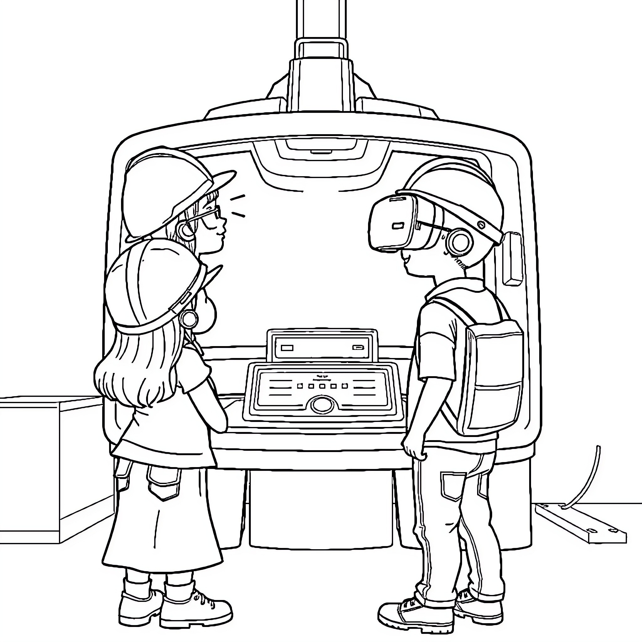 Apprentice Technicians Inspecting Futuristic Vehicle Coloring Page (free black-and-white line drawing printable PDF for all, from beginners to advanced learners, including children, teens, adults, and seniors)