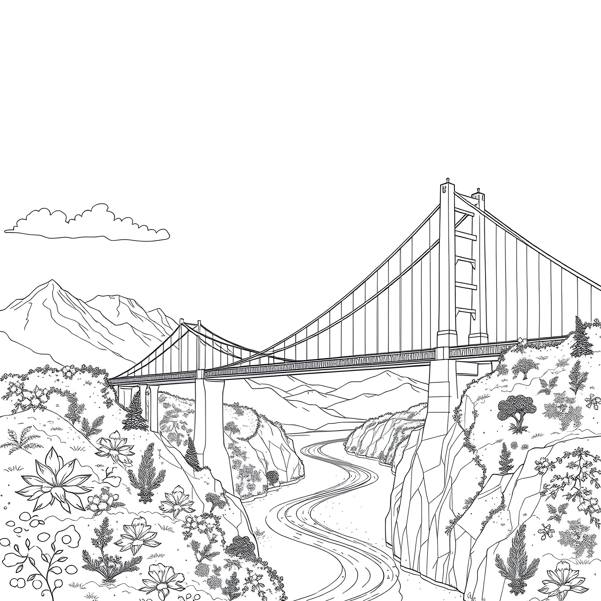 Caprice of a Majestic Bridge in Nature Coloring Page (free black-and-white line drawing printable PDF for all, from beginners to advanced learners, including children, teens, adults, and seniors)