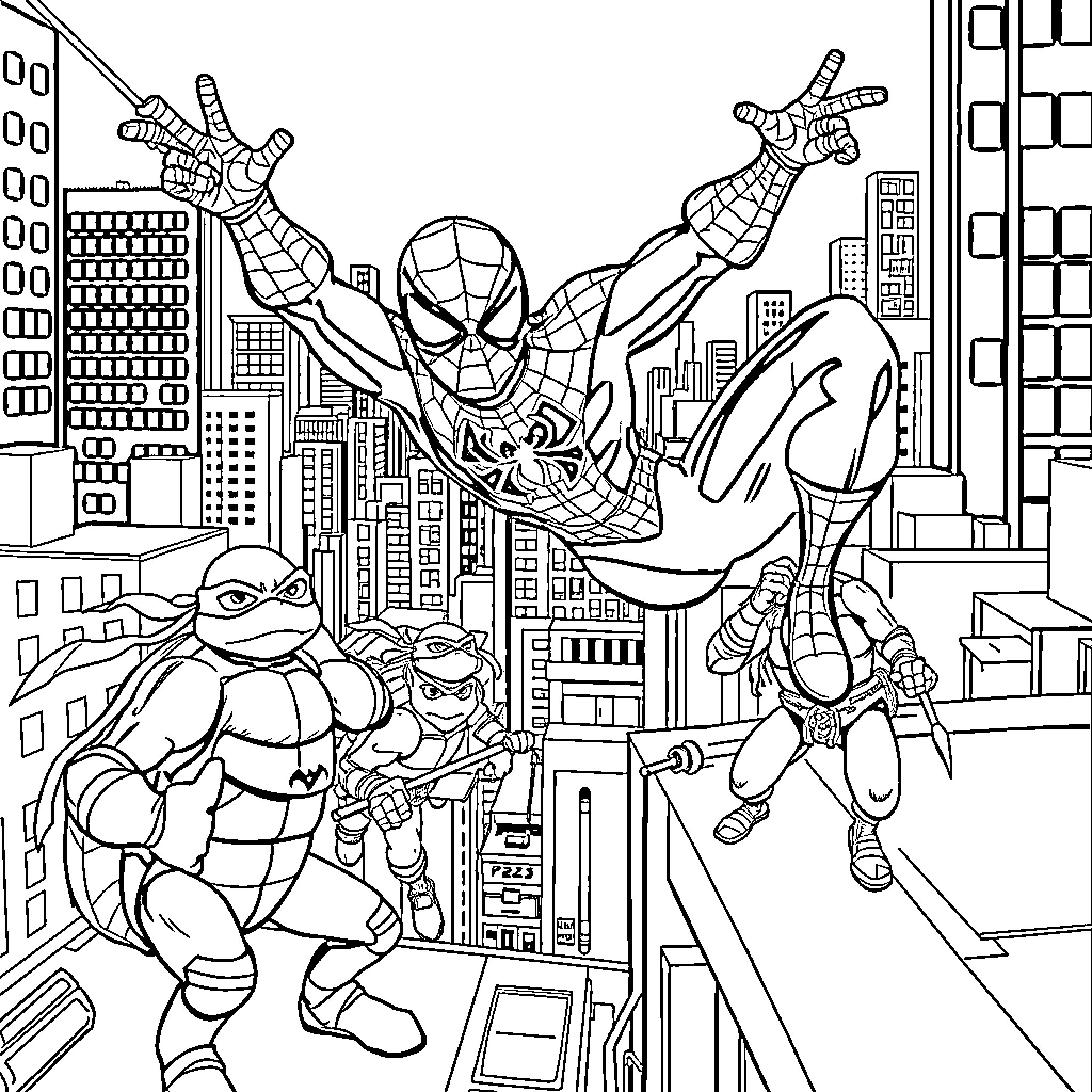 Spiderman and Teenage Mutant Ninja Turtles in epic cityscape Coloring Page (free black-and-white line drawing printable PDF for all, from beginners to advanced learners, including children, teens, adults, and seniors)