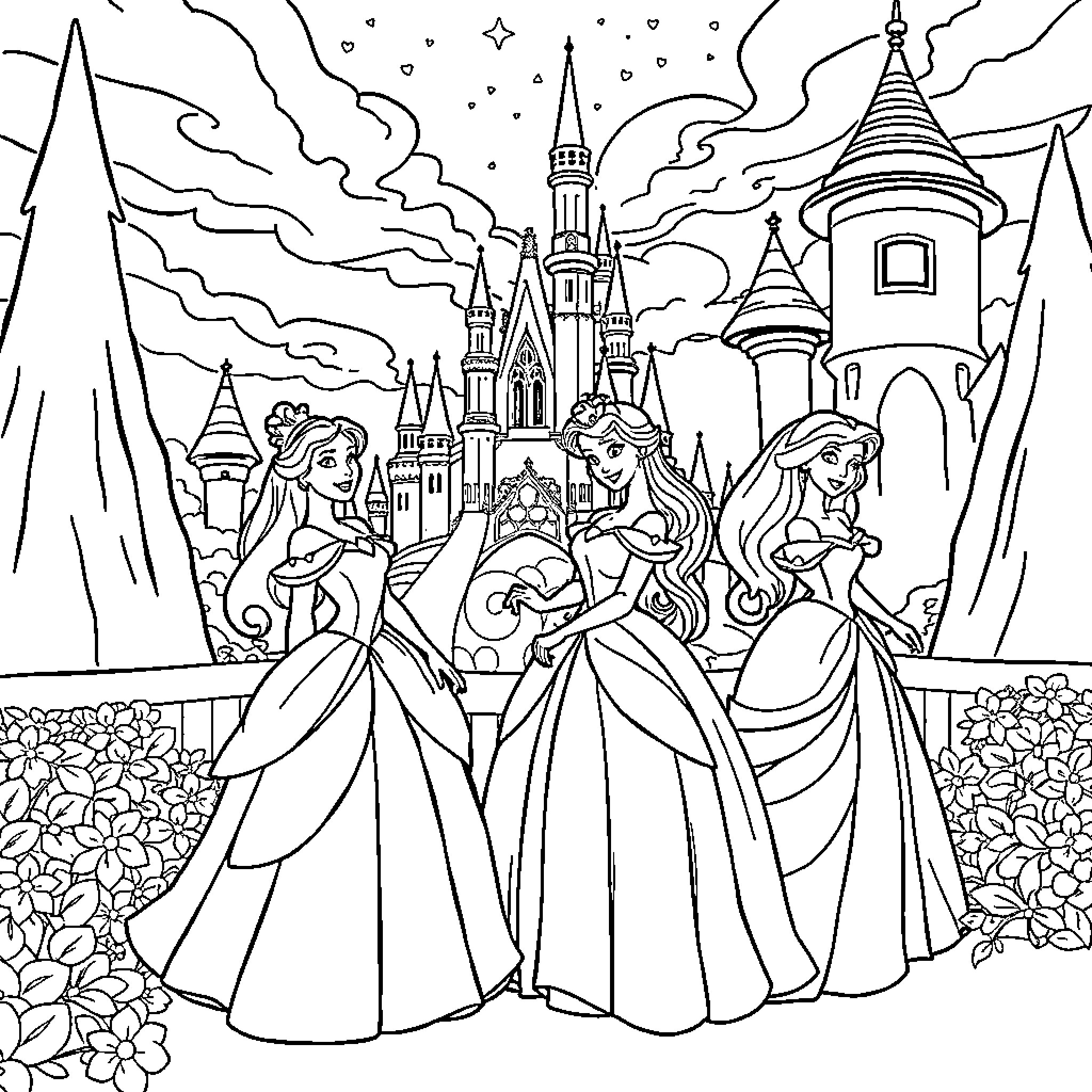 Disney Princesses in a Magical Castle Scene Coloring Page (free black-and-white line drawing printable PDF for all, from beginners to advanced learners, including children, teens, adults, and seniors)