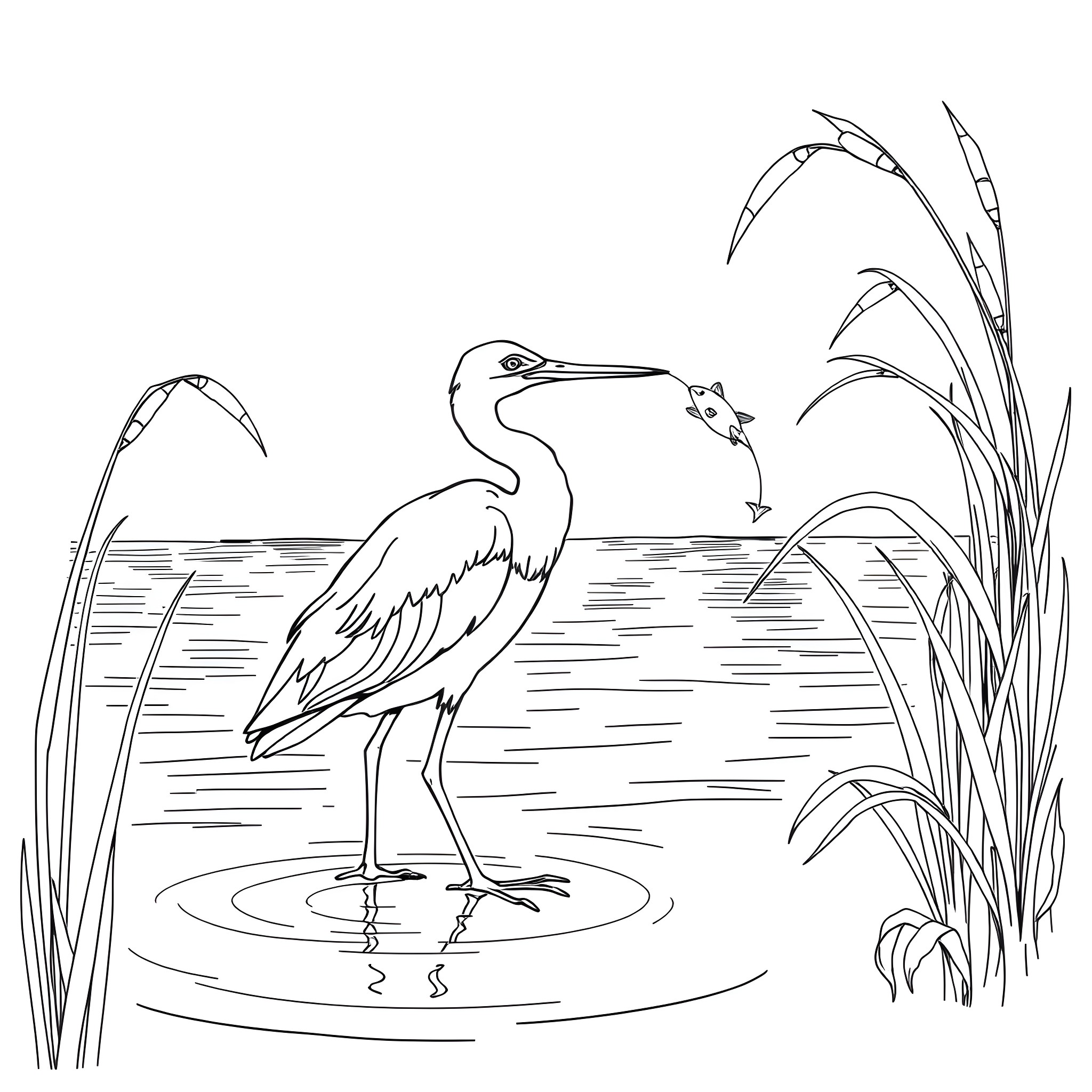 Bird fishing in a pond with reeds Coloring Page (free black-and-white line drawing printable PDF for all, from beginners to advanced learners, including children, teens, adults, and seniors)