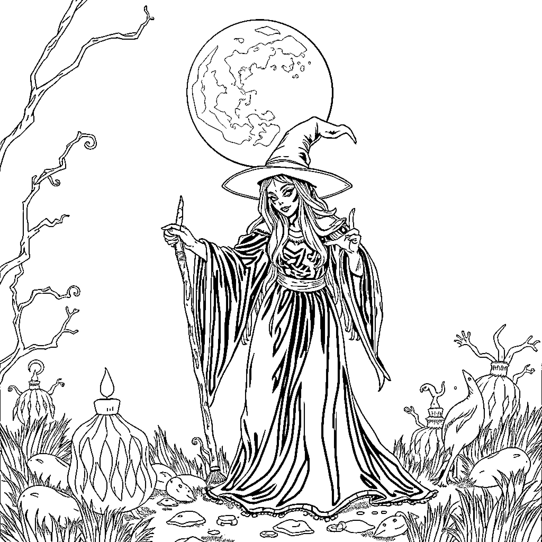 Bruja casting spells under the moonlight Coloring Page (free black-and-white line drawing printable PDF for all, from beginners to advanced learners, including children, teens, adults, and seniors)