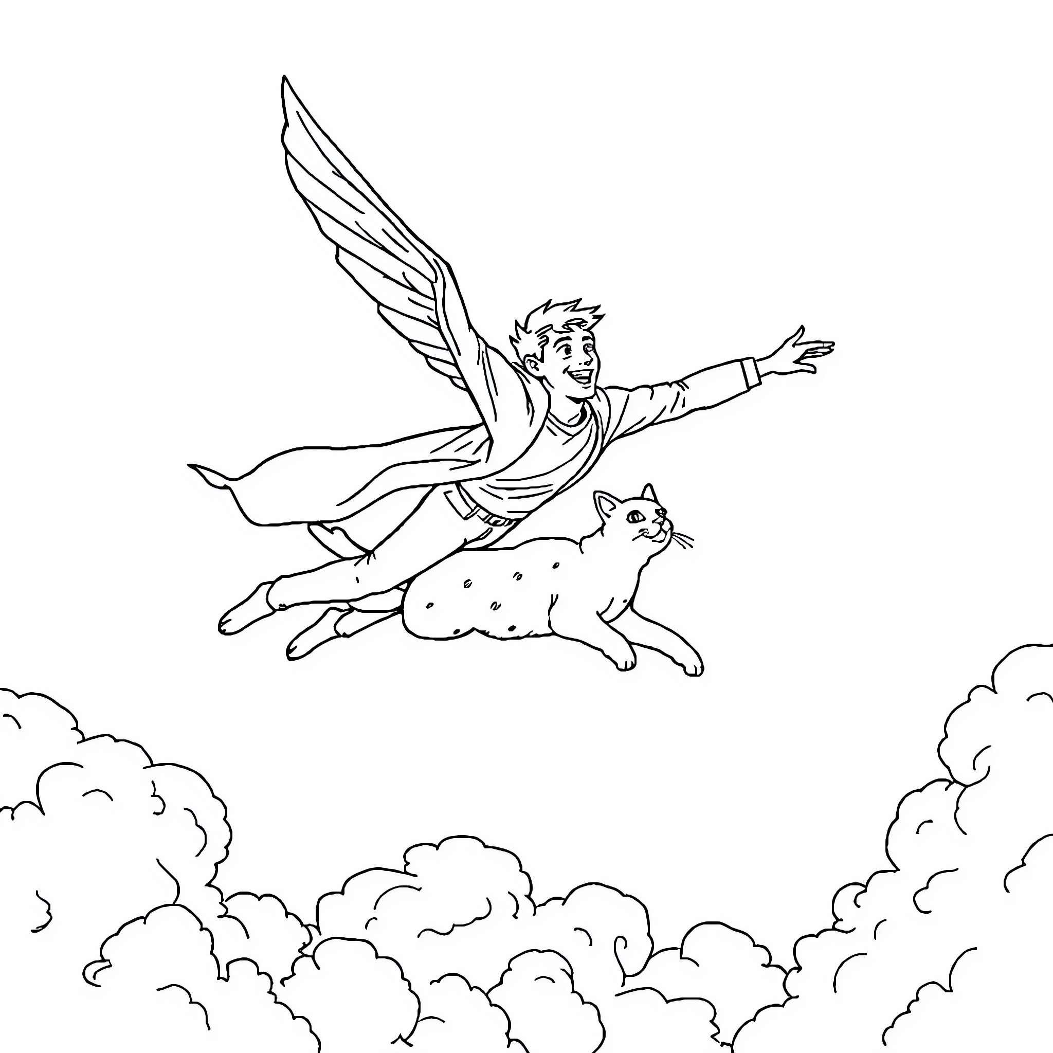 Cat soaring with angelic figure in the clouds Coloring Page (free black-and-white line drawing printable PDF for all, from beginners to advanced learners, including children, teens, adults, and seniors)