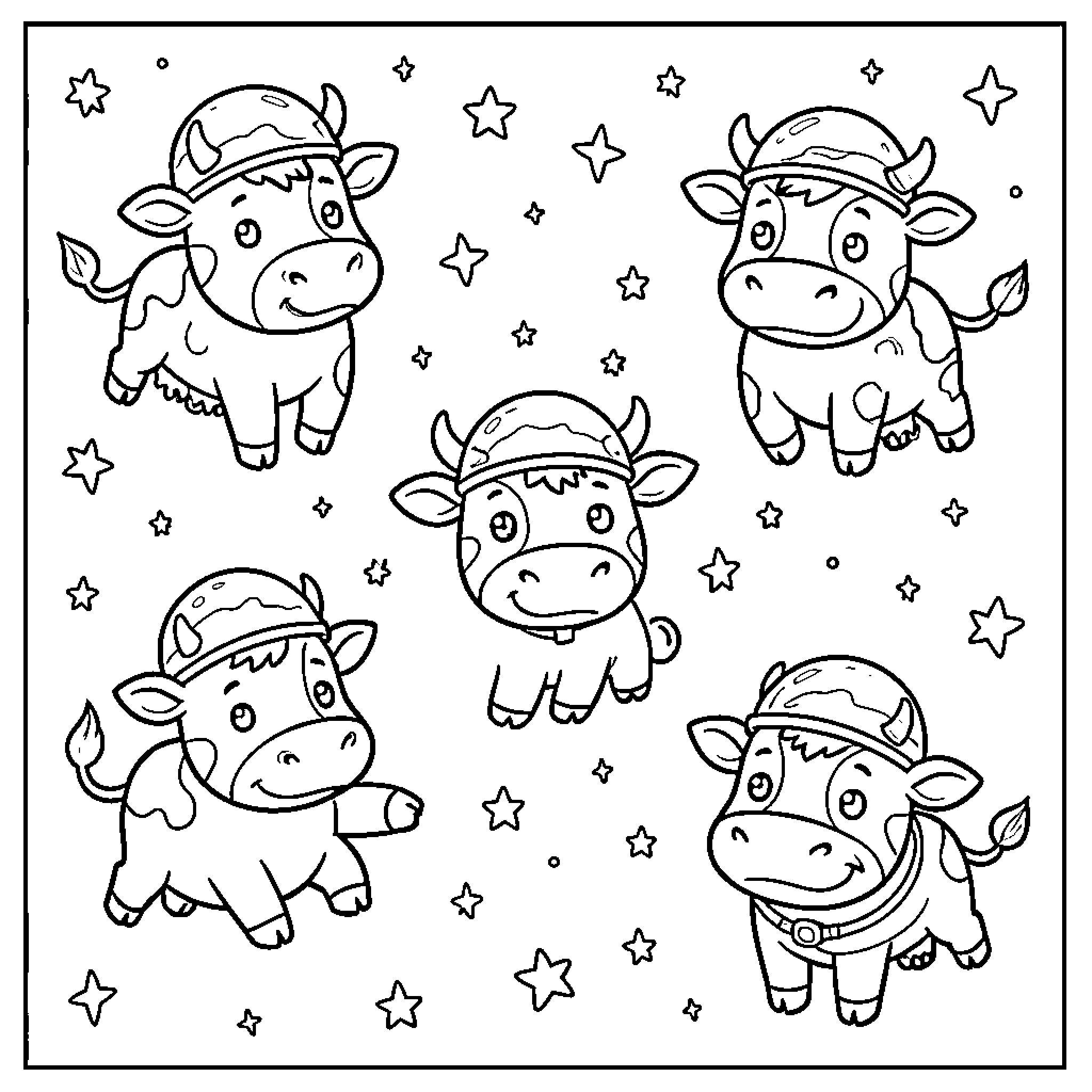 Cow friends enjoying a starry night Coloring Page (free black-and-white line drawing printable PDF for all, from beginners to advanced learners, including children, teens, adults, and seniors)