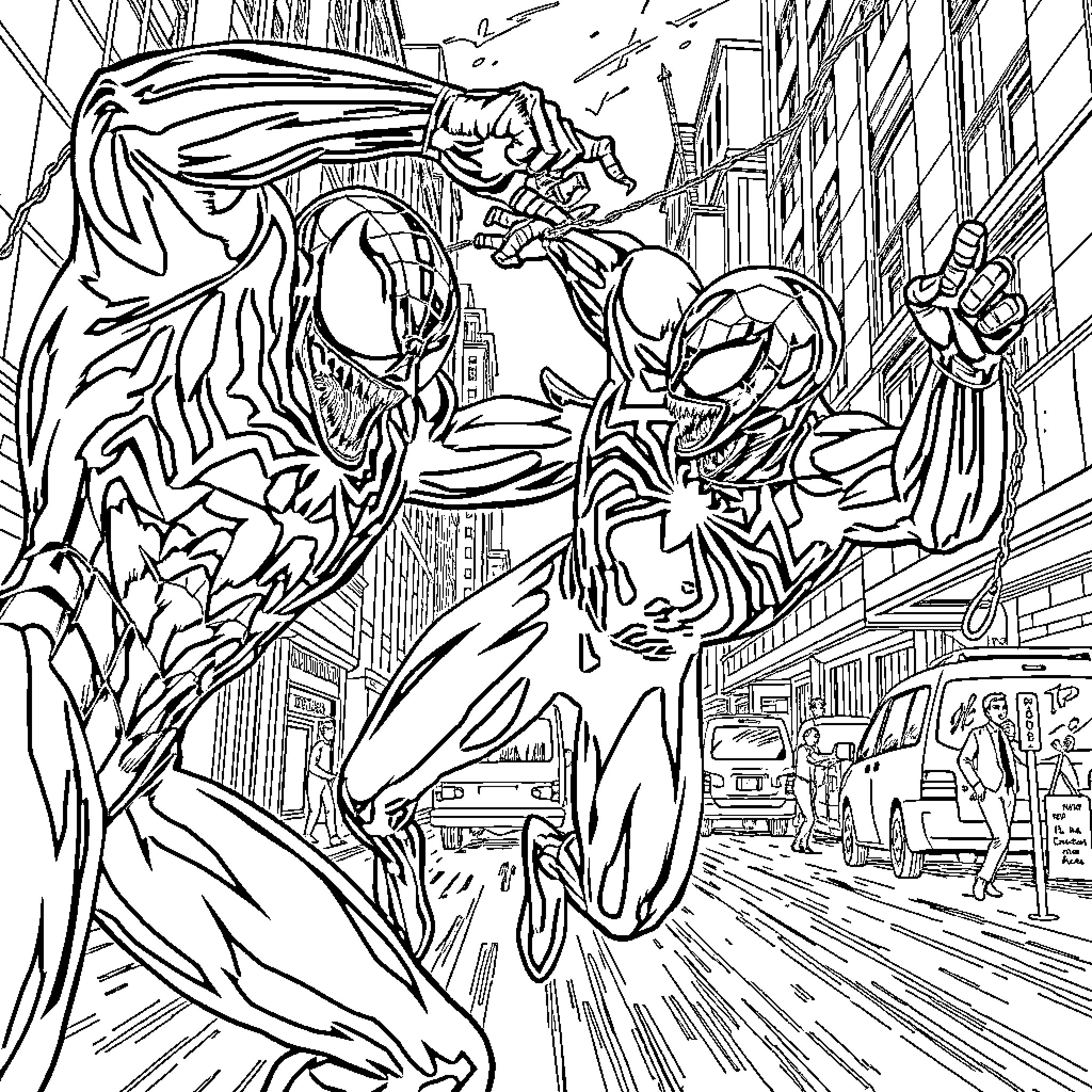 Spider-Man battles against a formidable foe in the city Coloring Page (free black-and-white line drawing printable PDF for all, from beginners to advanced learners, including children, teens, adults, and seniors)