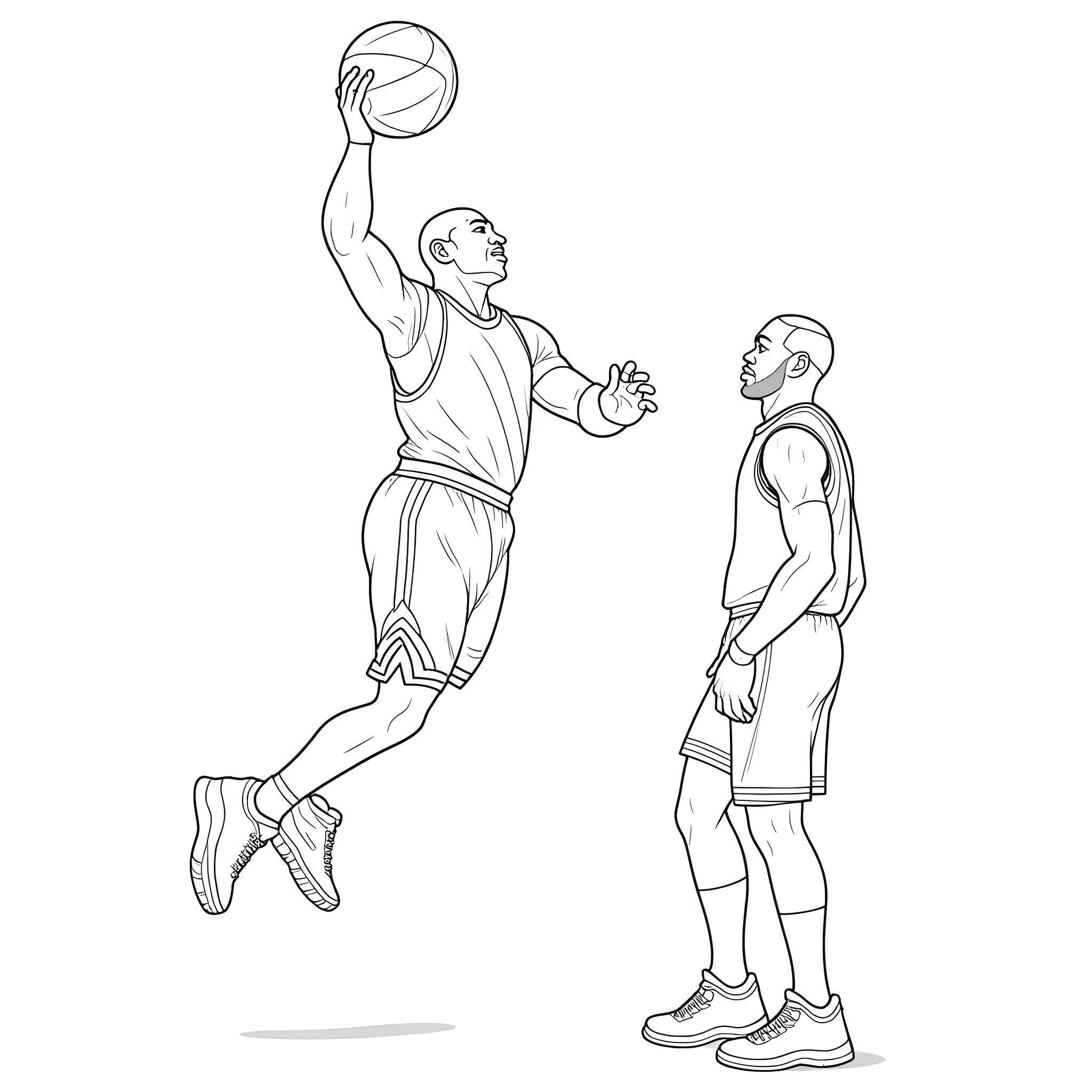 Michael Jordan Slam Dunk Basketball Game Coloring Page (free black-and-white line drawing printable PDF for all, from beginners to advanced learners, including children, teens, adults, and seniors)