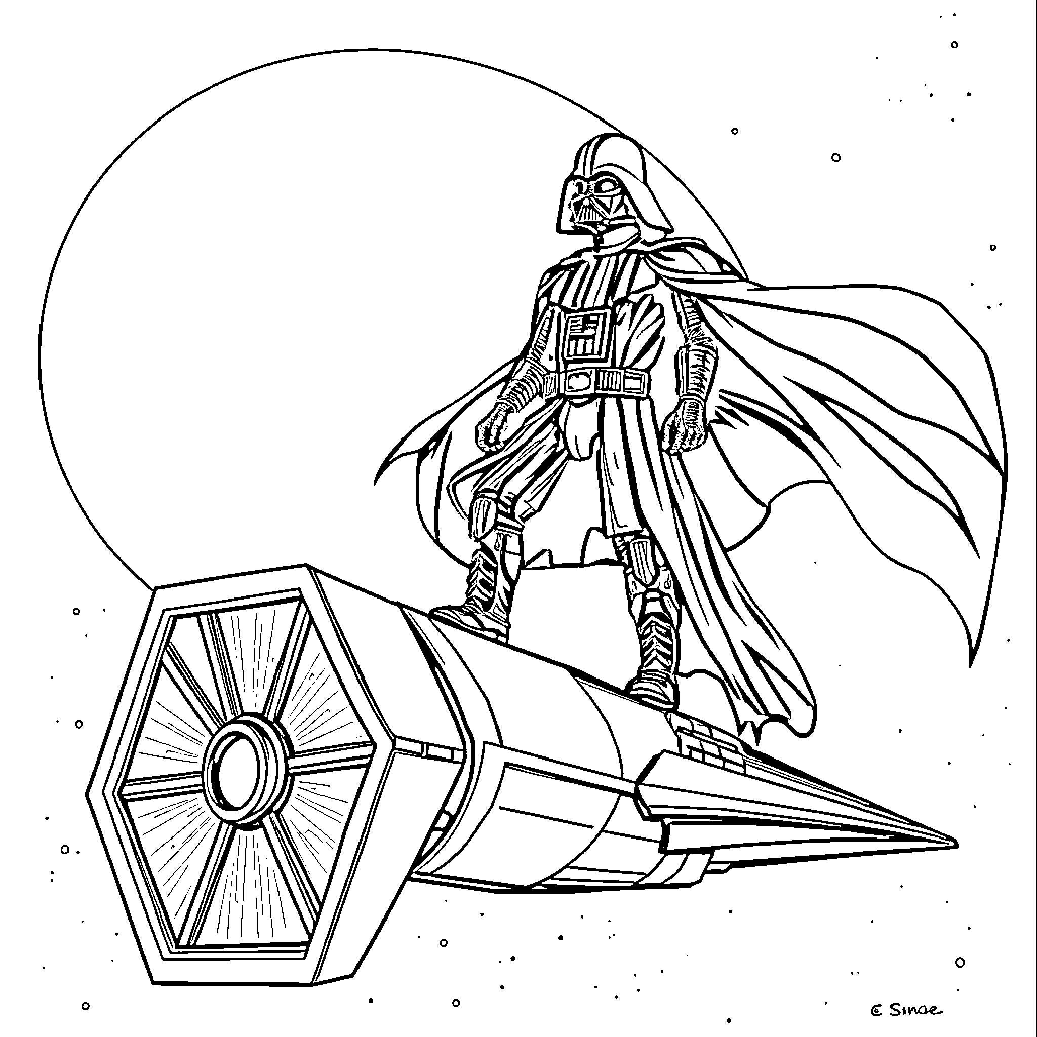 Darth Vader commanding the Imperial starfighter Coloring Page (free black-and-white line drawing printable PDF for all, from beginners to advanced learners, including children, teens, adults, and seniors)