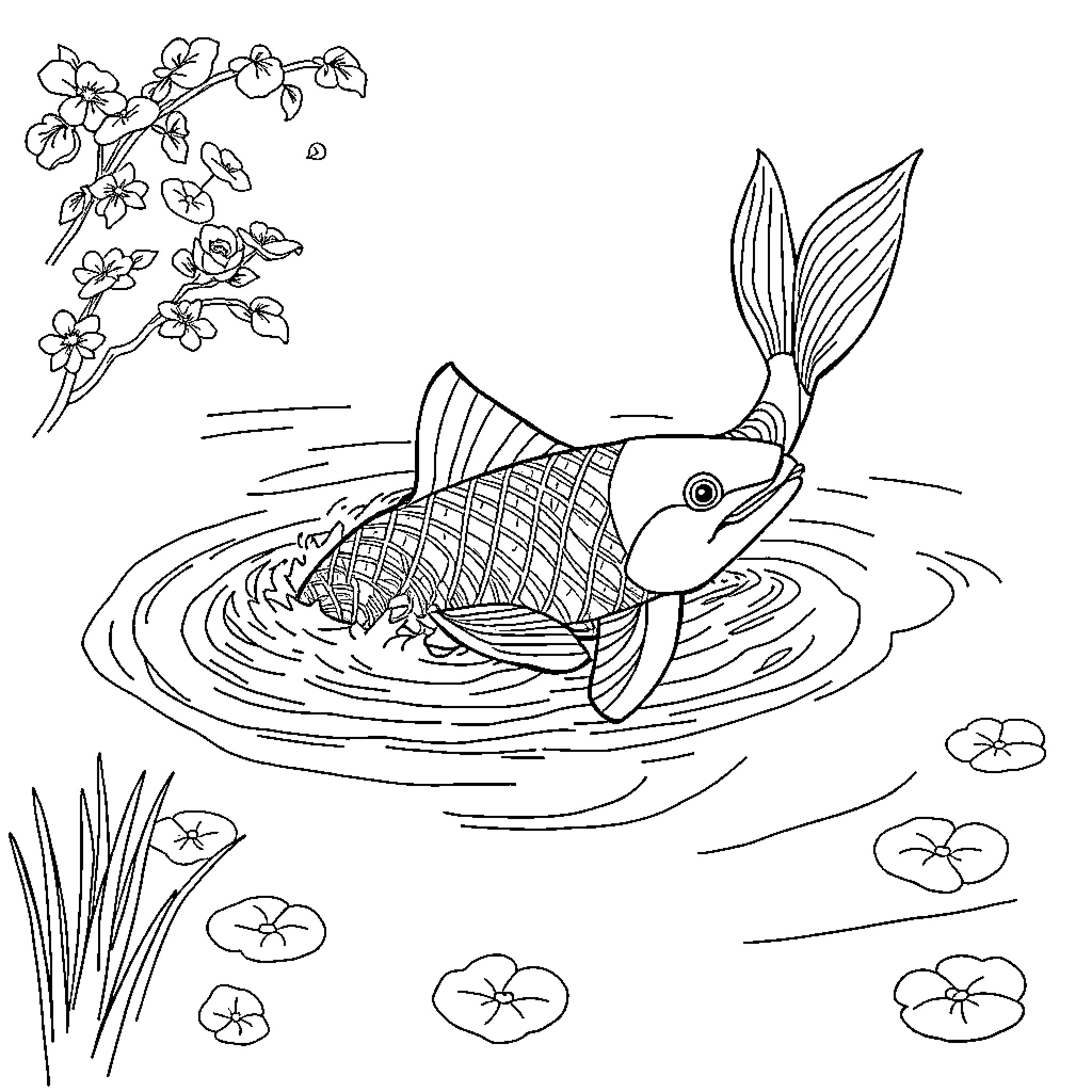 Koi fish swimming in pond with flowers Coloring Page (free black-and-white line drawing printable PDF for all, from beginners to advanced learners, including children, teens, adults, and seniors)