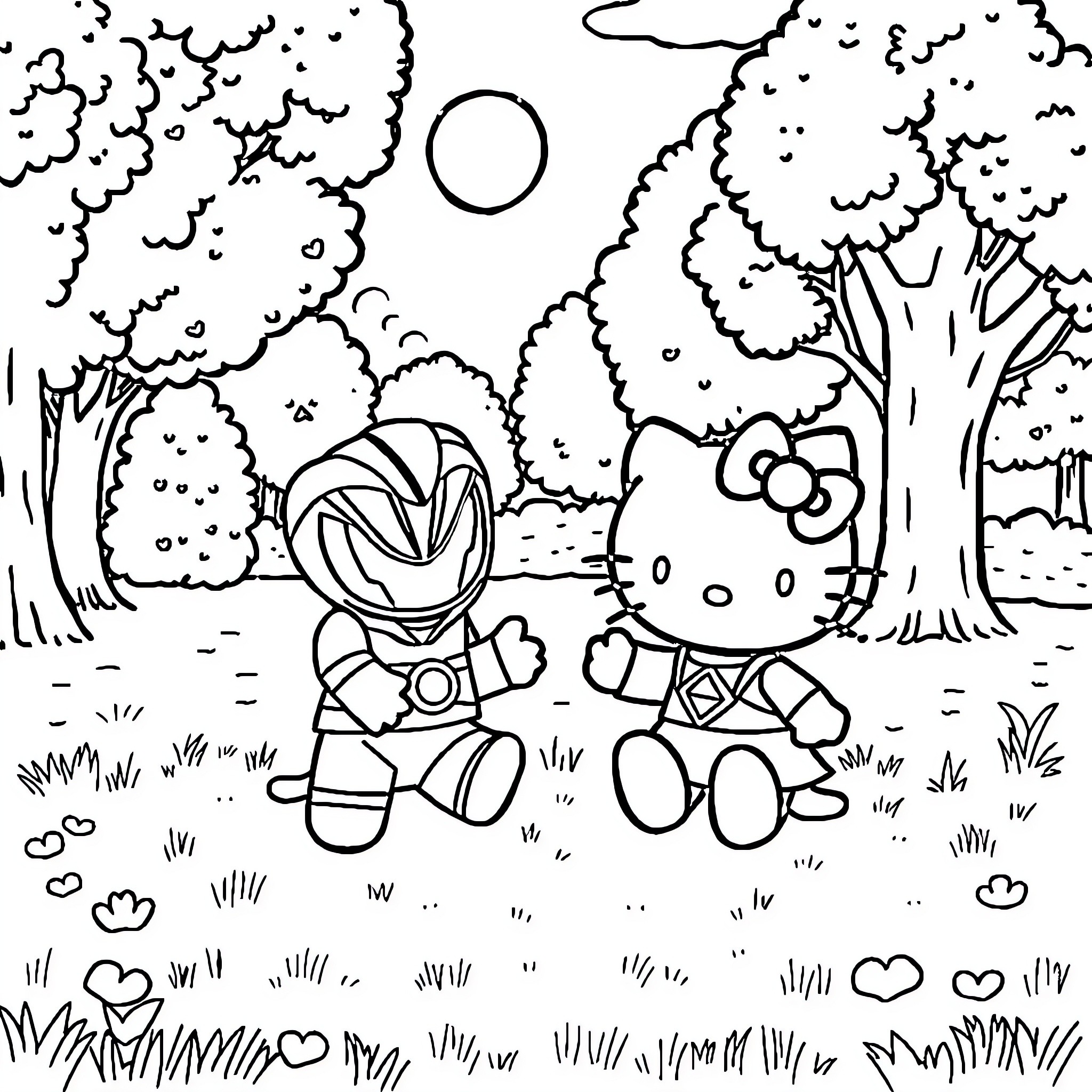 Hello Kitty enjoying a day in the park Coloring Page (free black-and-white line drawing printable PDF for all, from beginners to advanced learners, including children, teens, adults, and seniors)