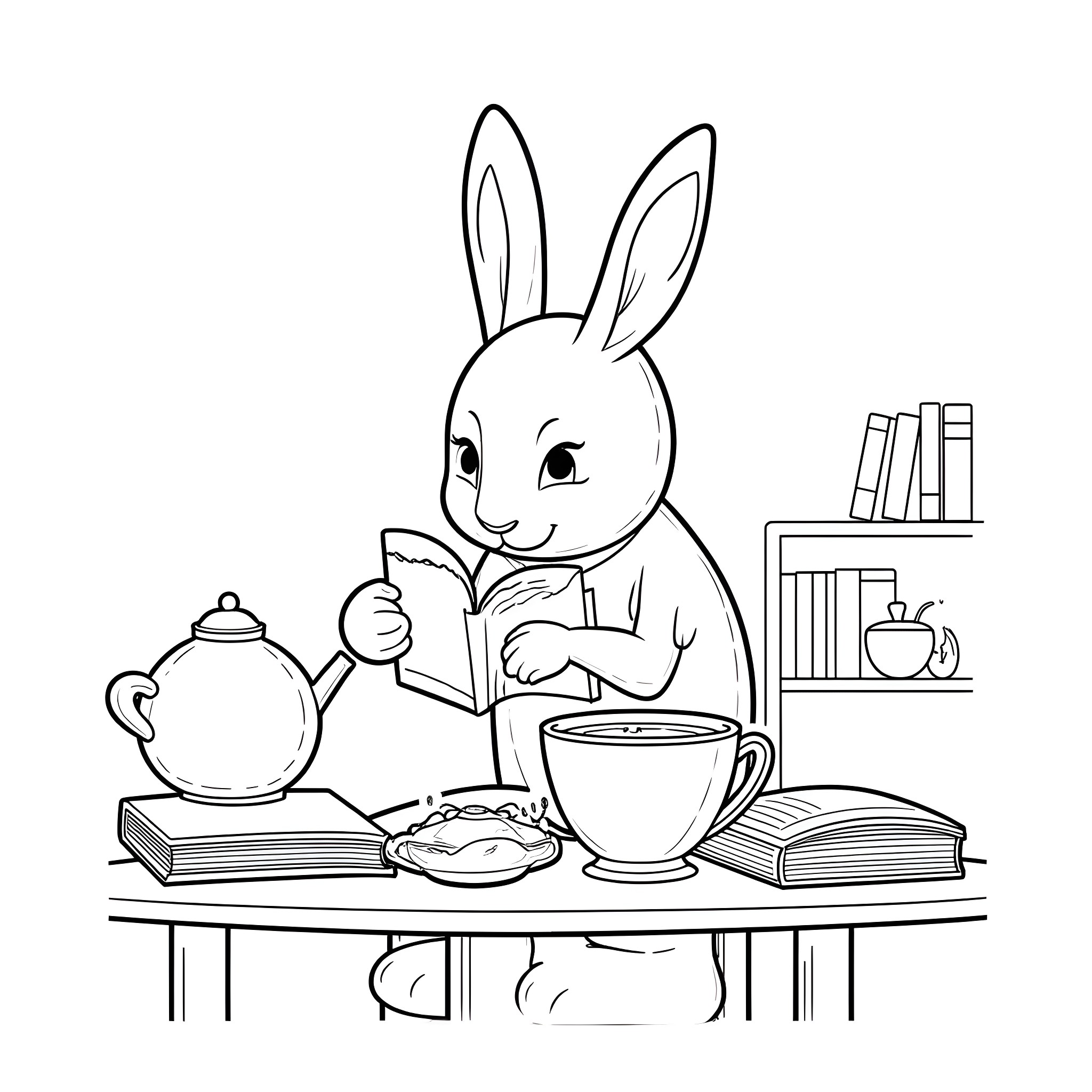 Rabbit reading books and having tea Coloring Page (free black-and-white line drawing printable PDF for all, from beginners to advanced learners, including children, teens, adults, and seniors)