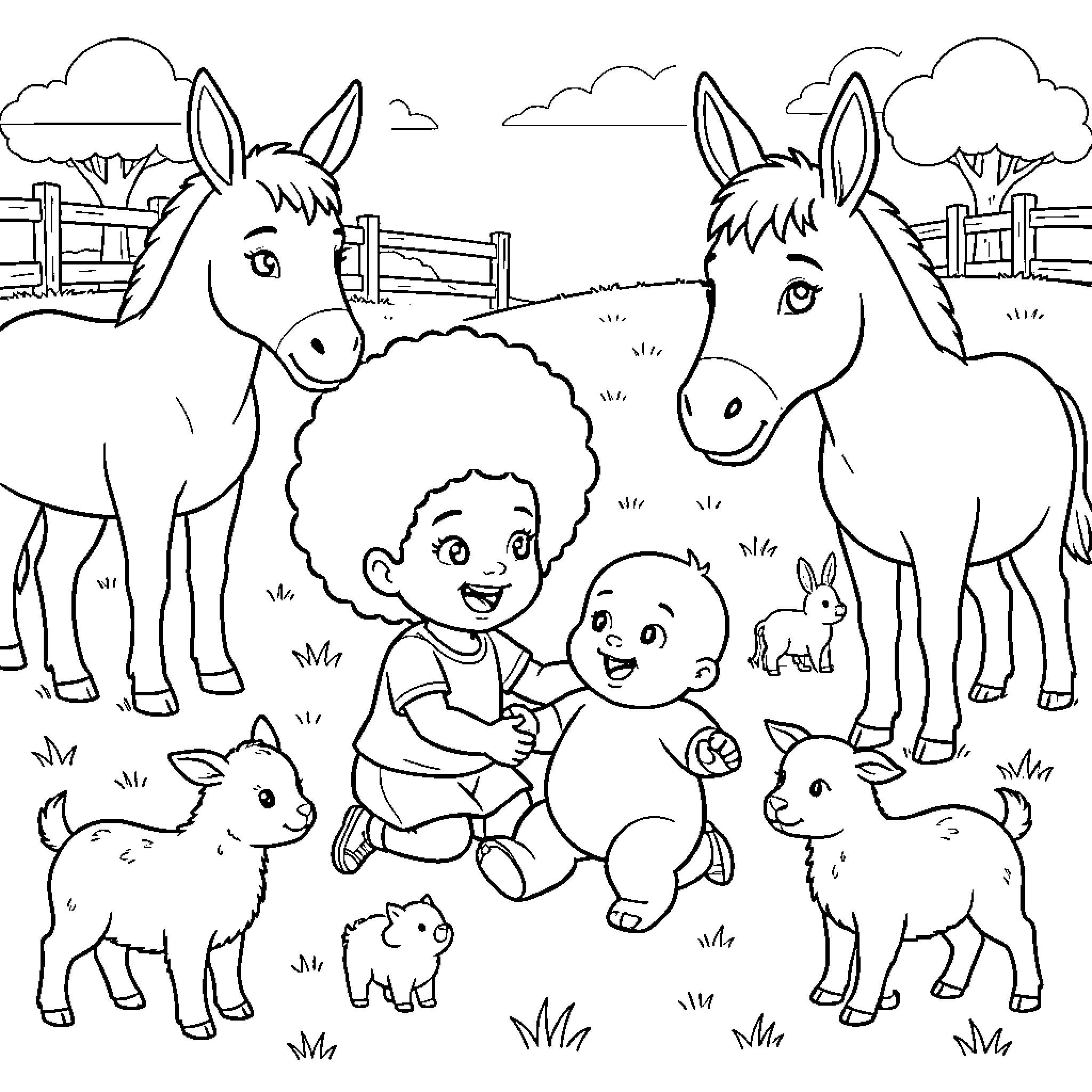 Child playing with baby and farm animals Coloring Page (free black-and-white line drawing printable PDF for all, from beginners to advanced learners, including children, teens, adults, and seniors)