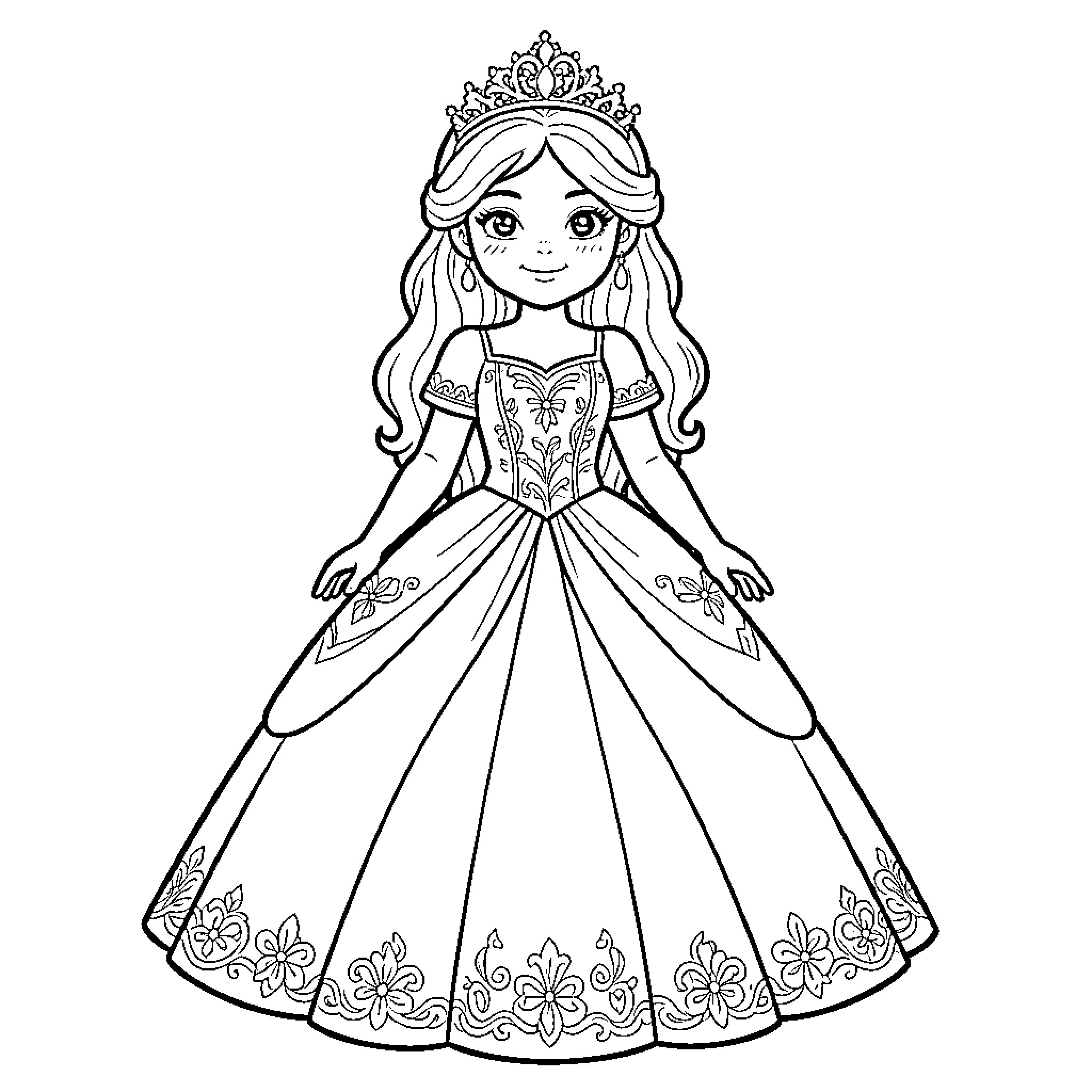Princess wearing a crown and elegant gown Coloring Page (free black-and-white line drawing printable PDF for all, from beginners to advanced learners, including children, teens, adults, and seniors)