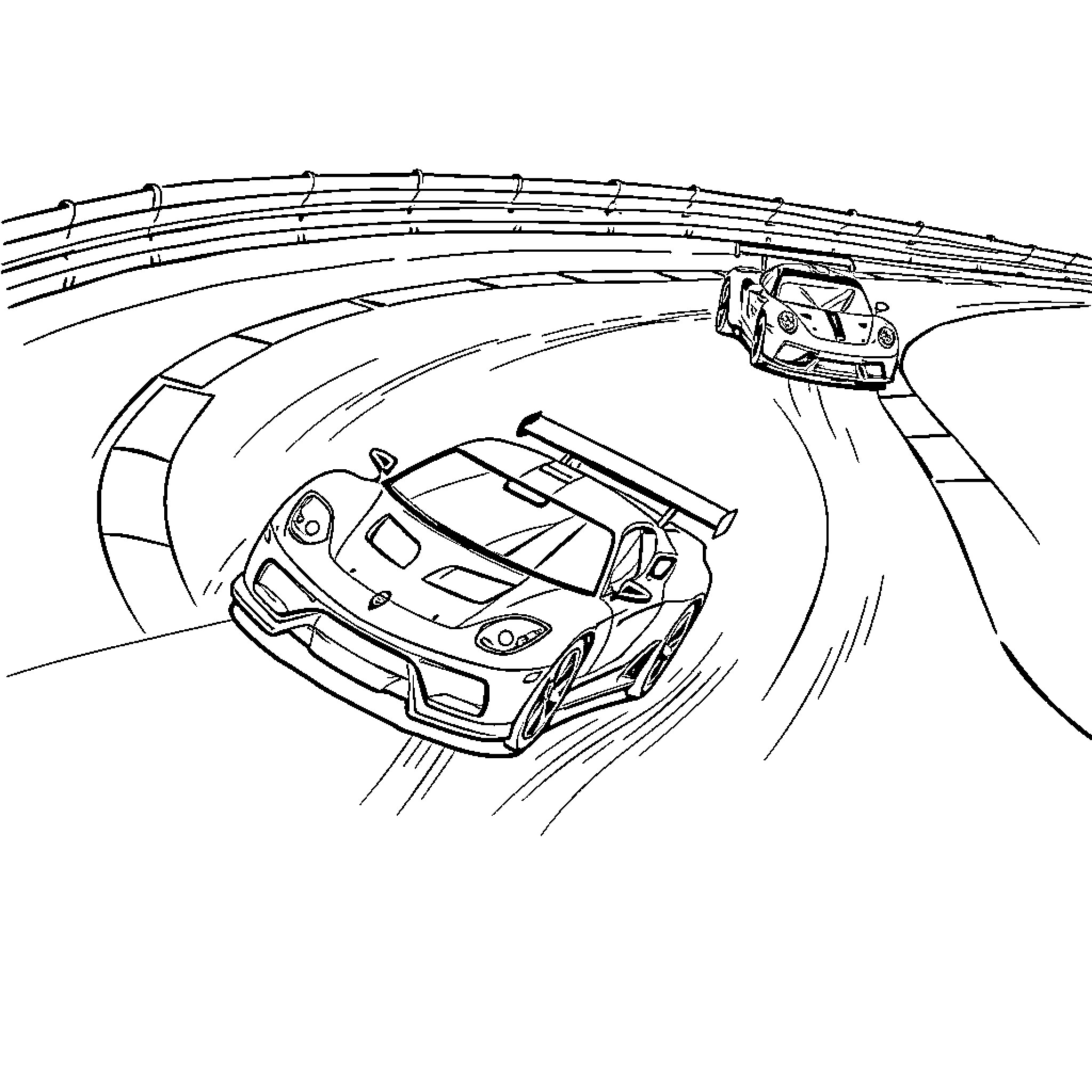 Car racing through a winding tunnel Coloring Page (free black-and-white line drawing printable PDF for all, from beginners to advanced learners, including children, teens, adults, and seniors)