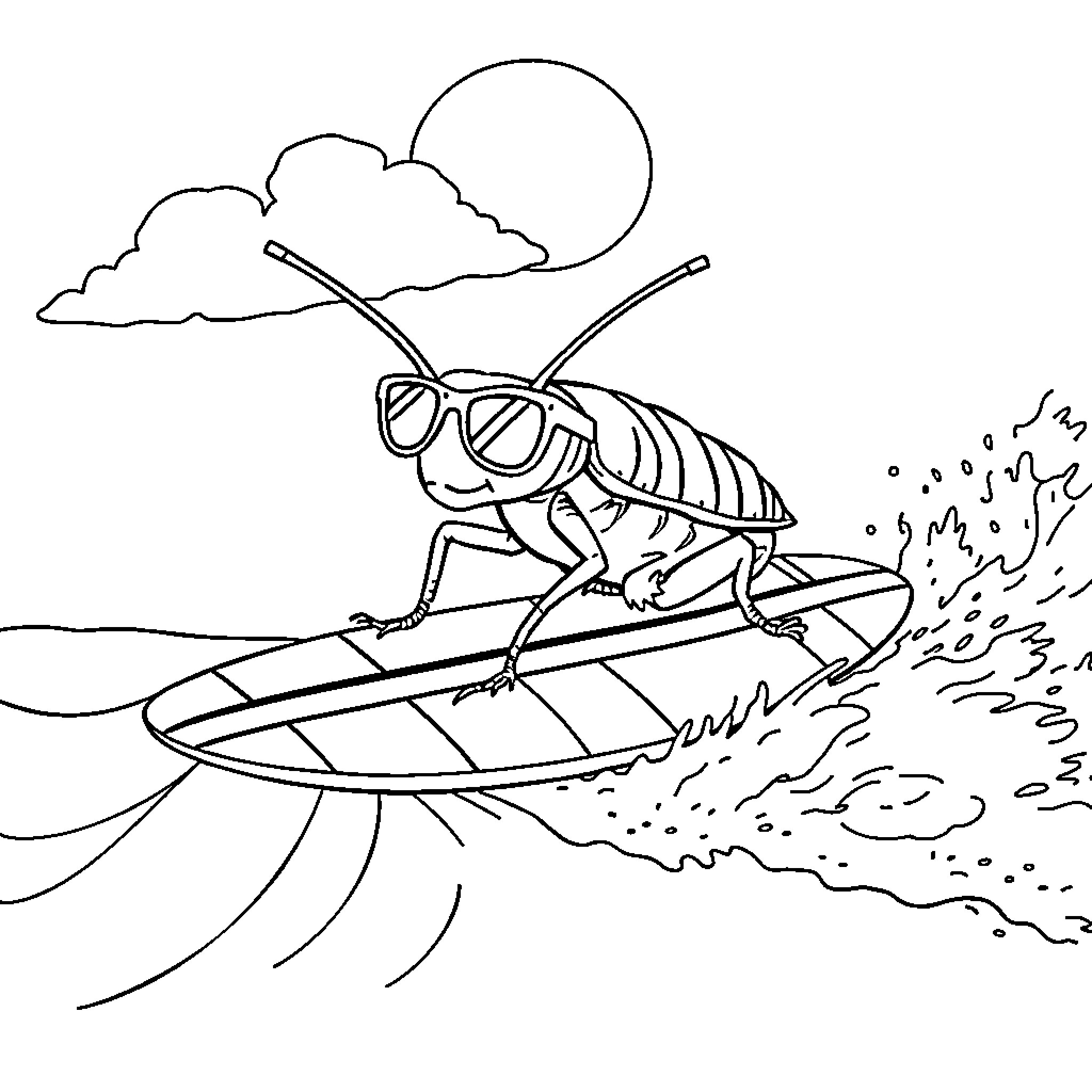 Cockroach surfing on the waves Coloring Page (free black-and-white line drawing printable PDF for all, from beginners to advanced learners, including children, teens, adults, and seniors)