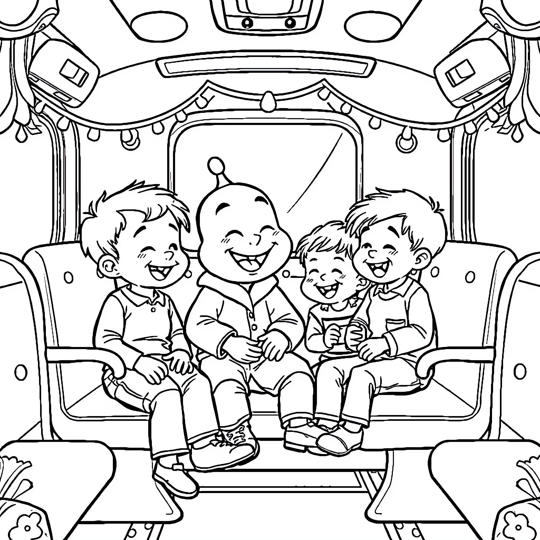Tchoupi and friends on a fun-filled adventure Coloring Page (free black-and-white line drawing printable PDF for all, from beginners to advanced learners, including children, teens, adults, and seniors)