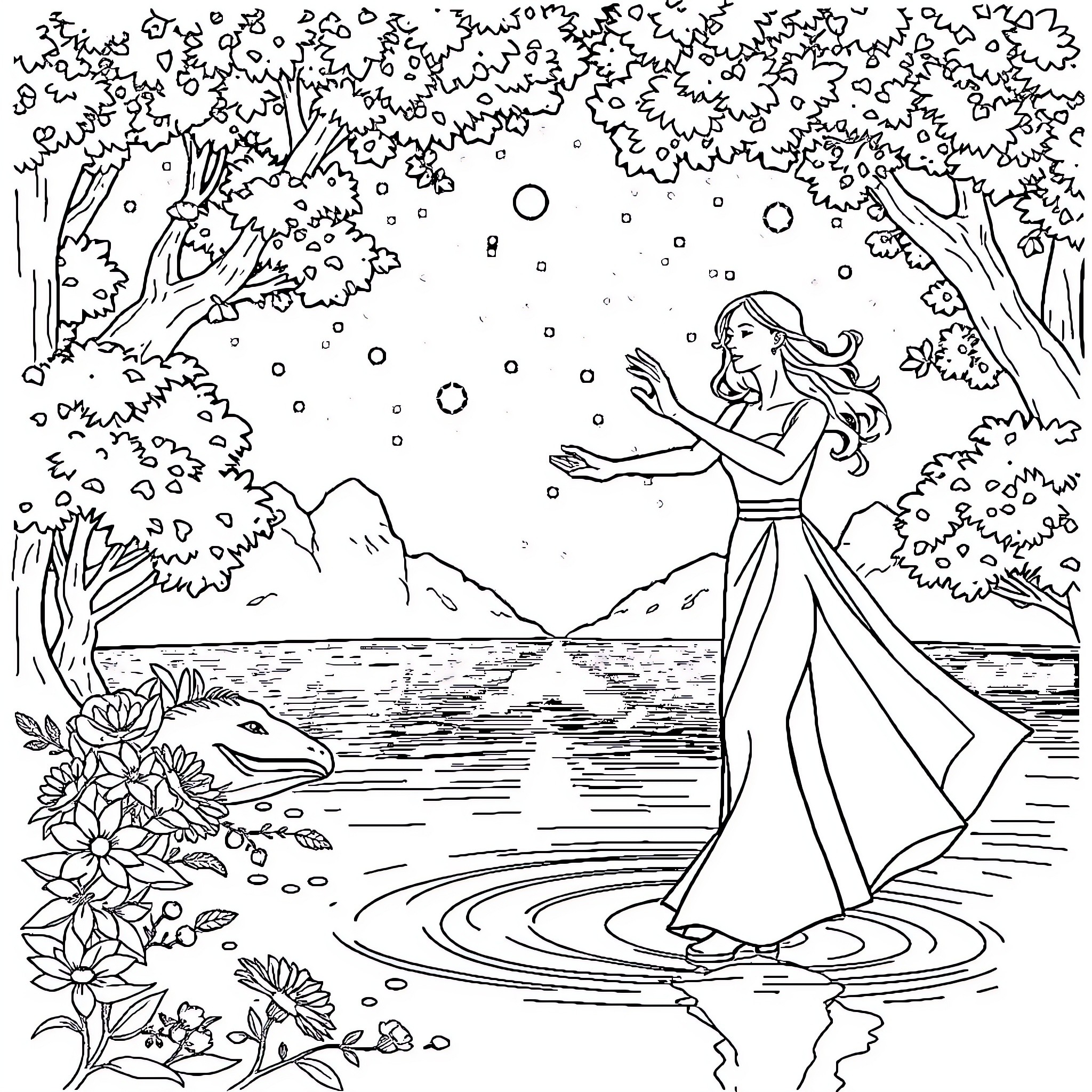 Monja dancing joyfully in the enchanting forest Coloring Page (free black-and-white line drawing printable PDF for all, from beginners to advanced learners, including children, teens, adults, and seniors)