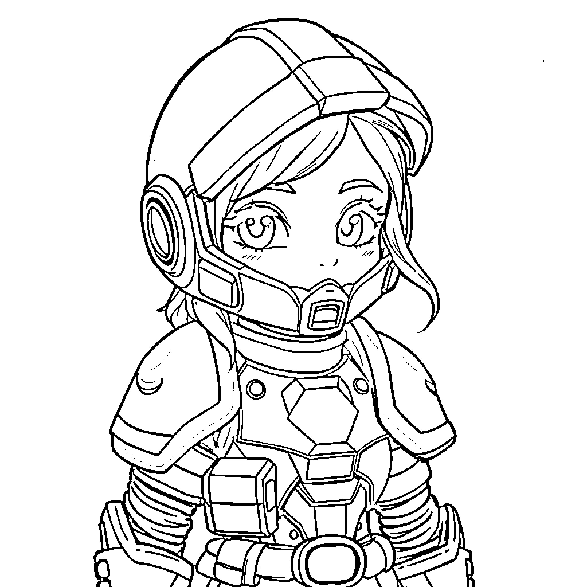 Girl in Futuristic Outfit and Helmet Coloring Page (free black-and-white line drawing printable PDF for all, from beginners to advanced learners, including children, teens, adults, and seniors)