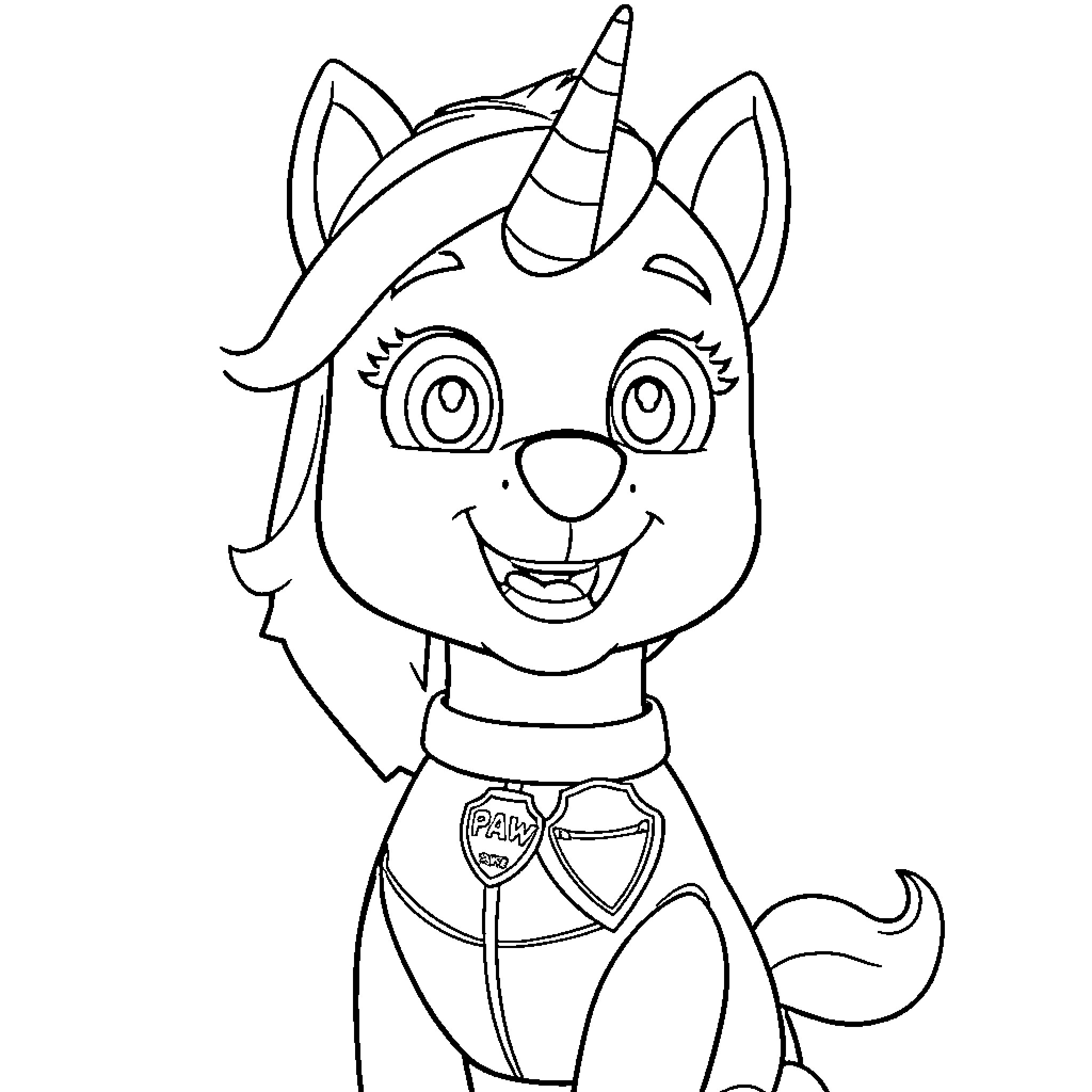 Unicorn puppy with a happy smile Coloring Page (free black-and-white line drawing printable PDF for all, from beginners to advanced learners, including children, teens, adults, and seniors)