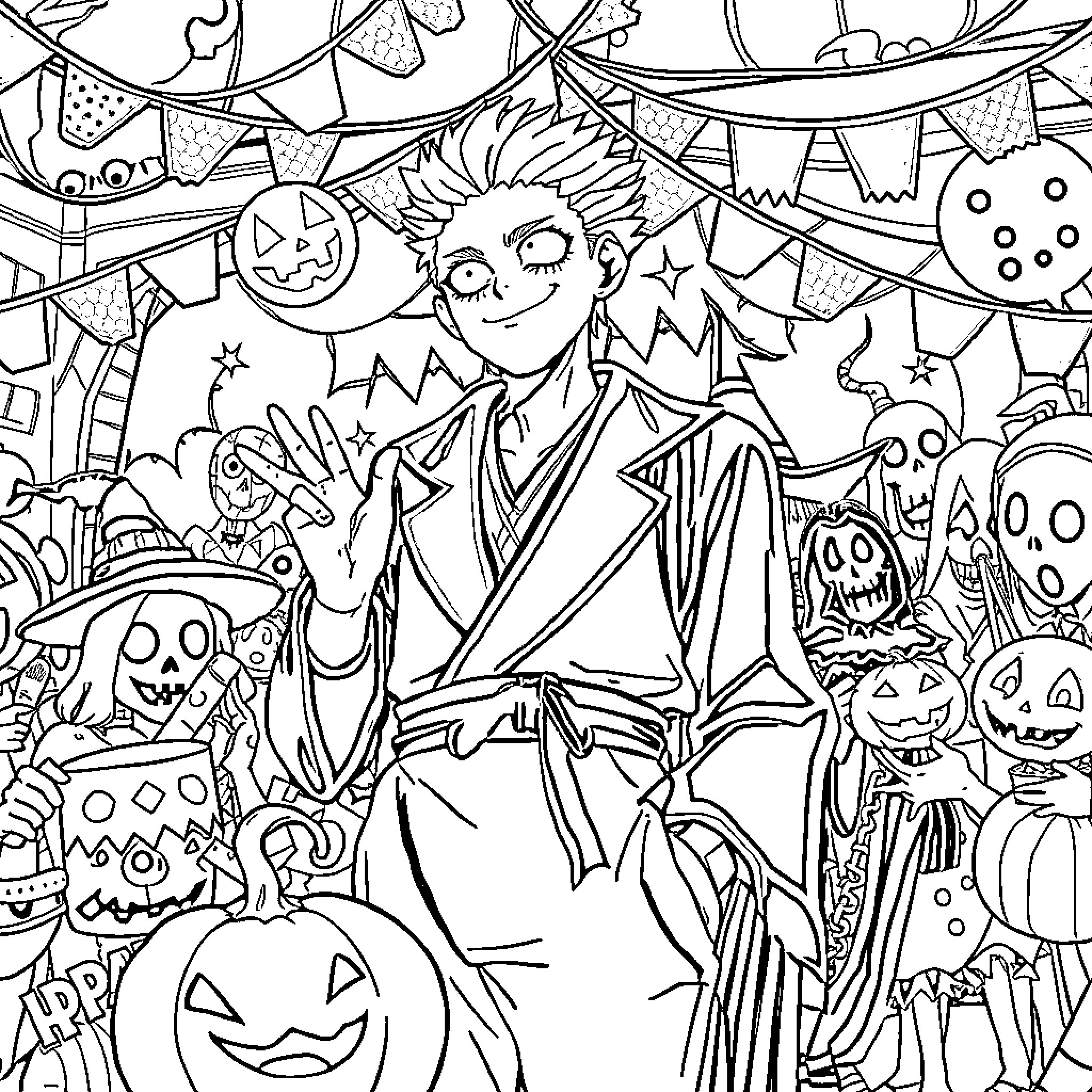 Choso's Spooky Halloween Adventure Coloring Page (free black-and-white line drawing printable PDF for all, from beginners to advanced learners, including children, teens, adults, and seniors)