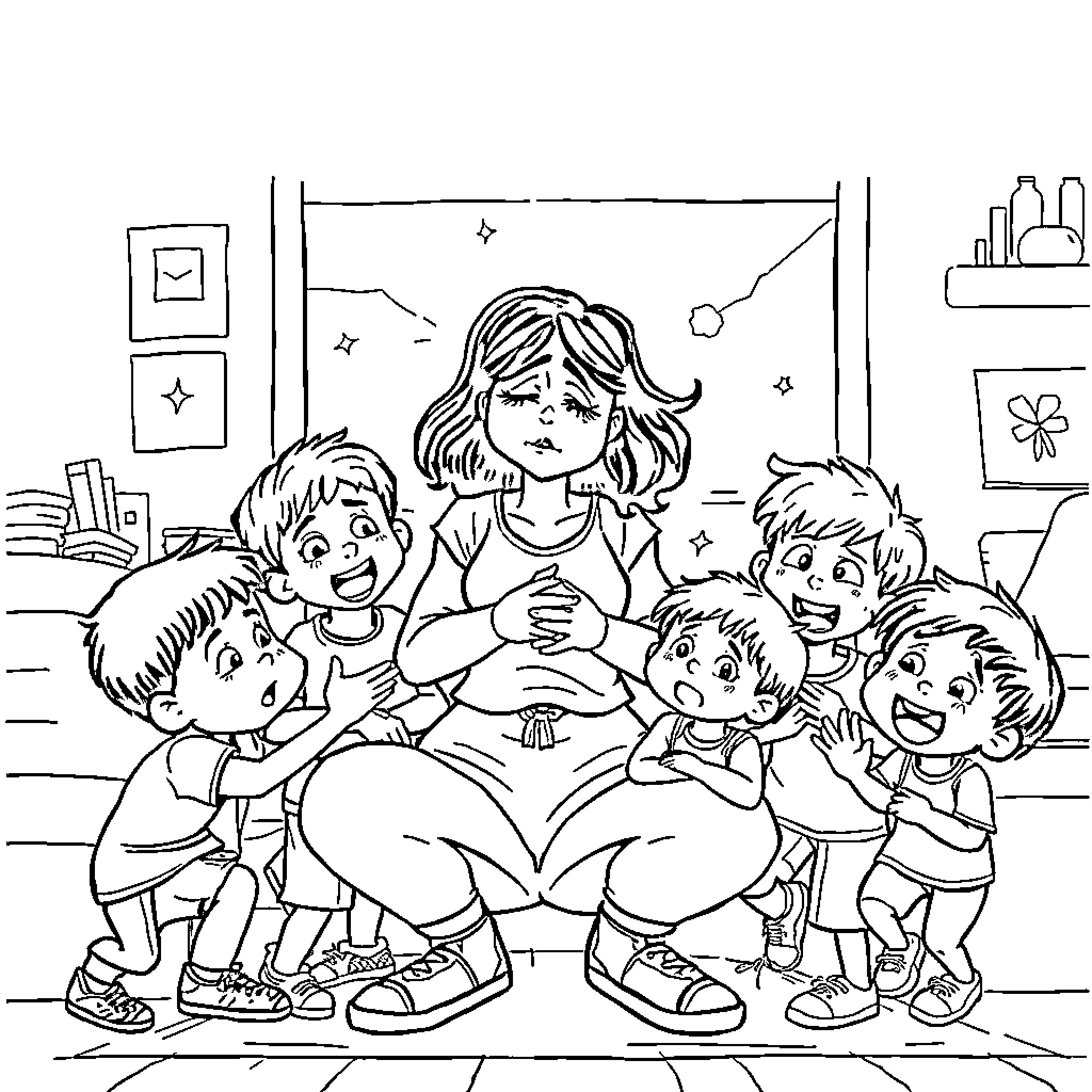 Mom reading a story to her happy children Coloring Page (free black-and-white line drawing printable PDF for all, from beginners to advanced learners, including children, teens, adults, and seniors)