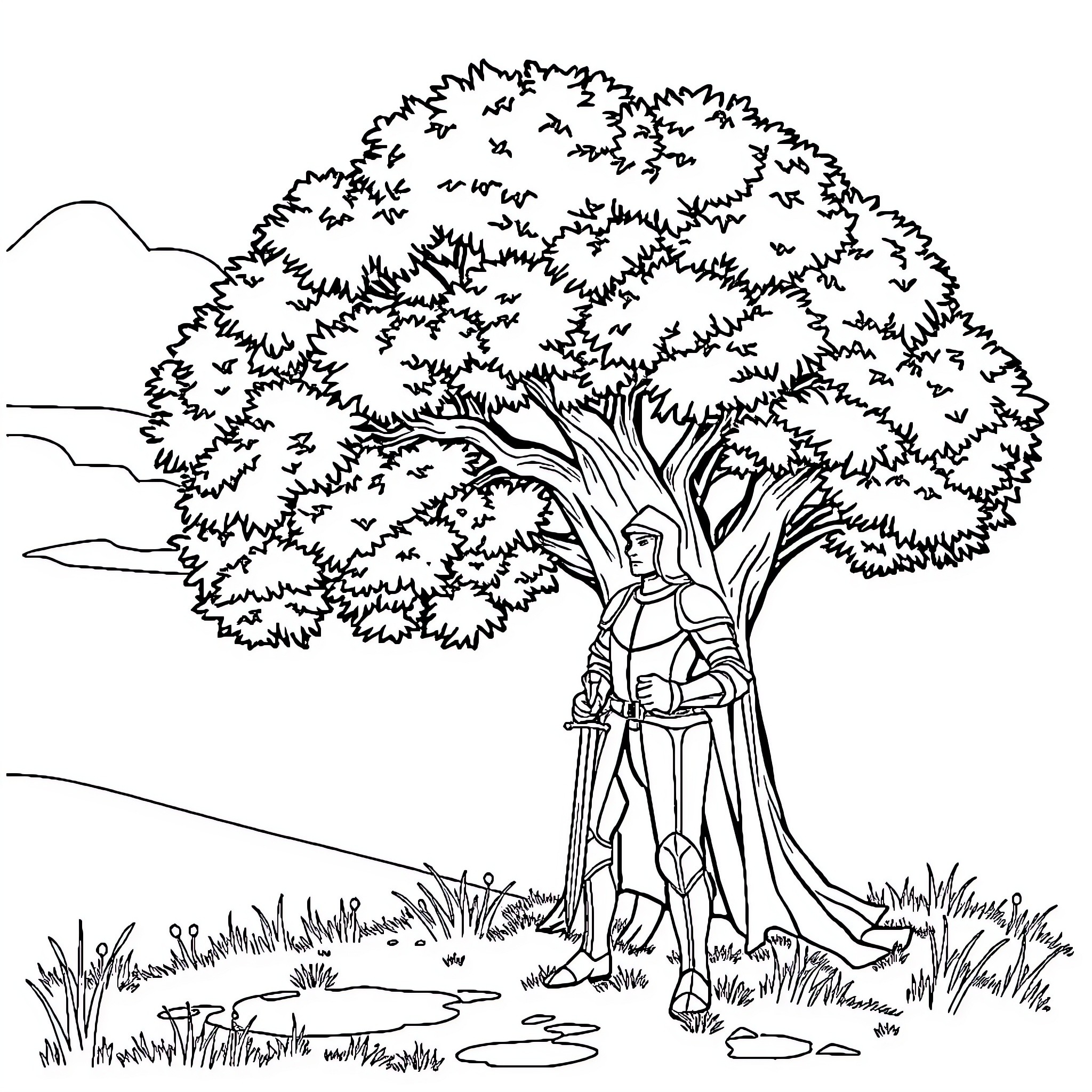 Knight standing guard under a majestic tree Coloring Page (free black-and-white line drawing printable PDF for all, from beginners to advanced learners, including children, teens, adults, and seniors)