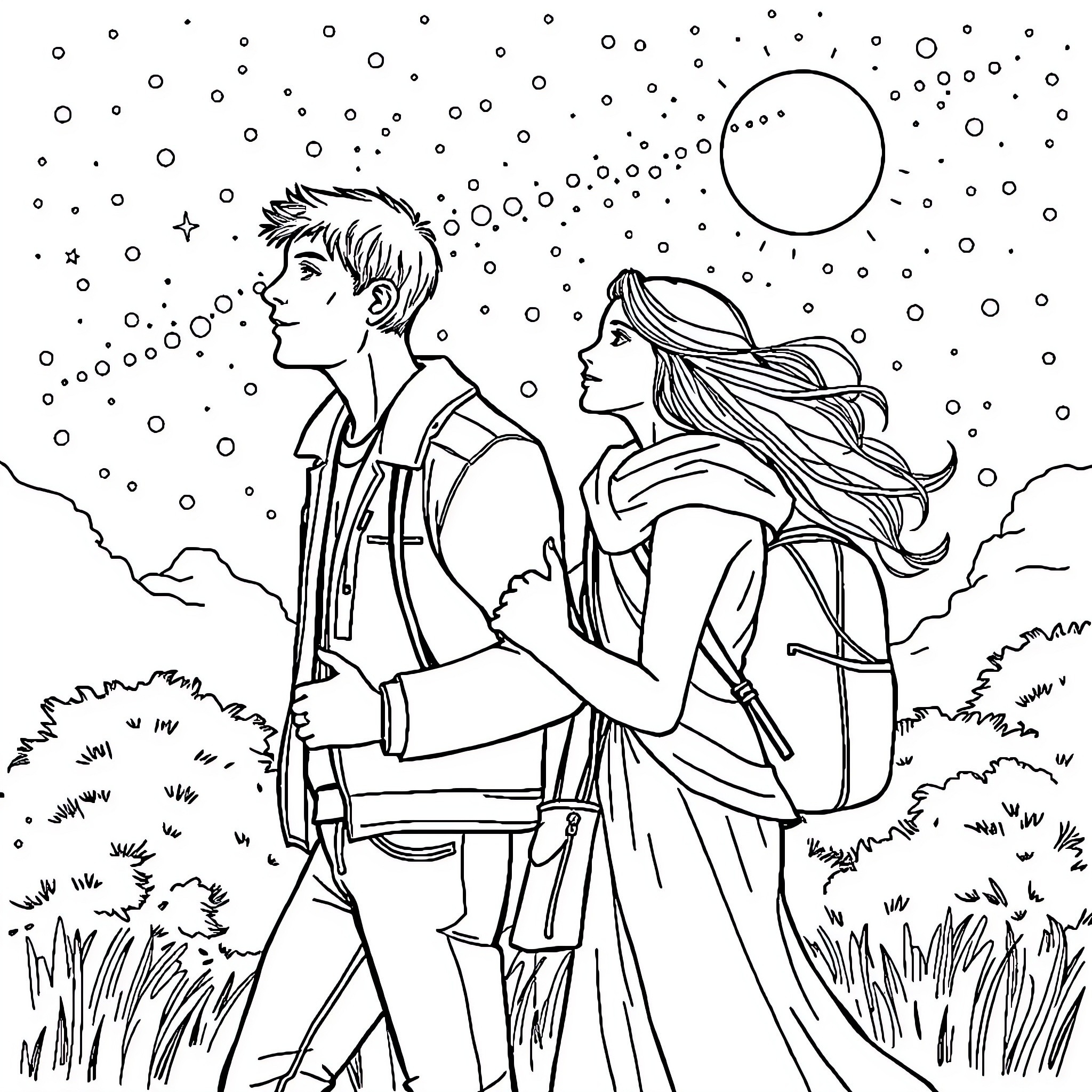 Kiss under the Starry Night Coloring Page (free black-and-white line drawing printable PDF for all, from beginners to advanced learners, including children, teens, adults, and seniors)