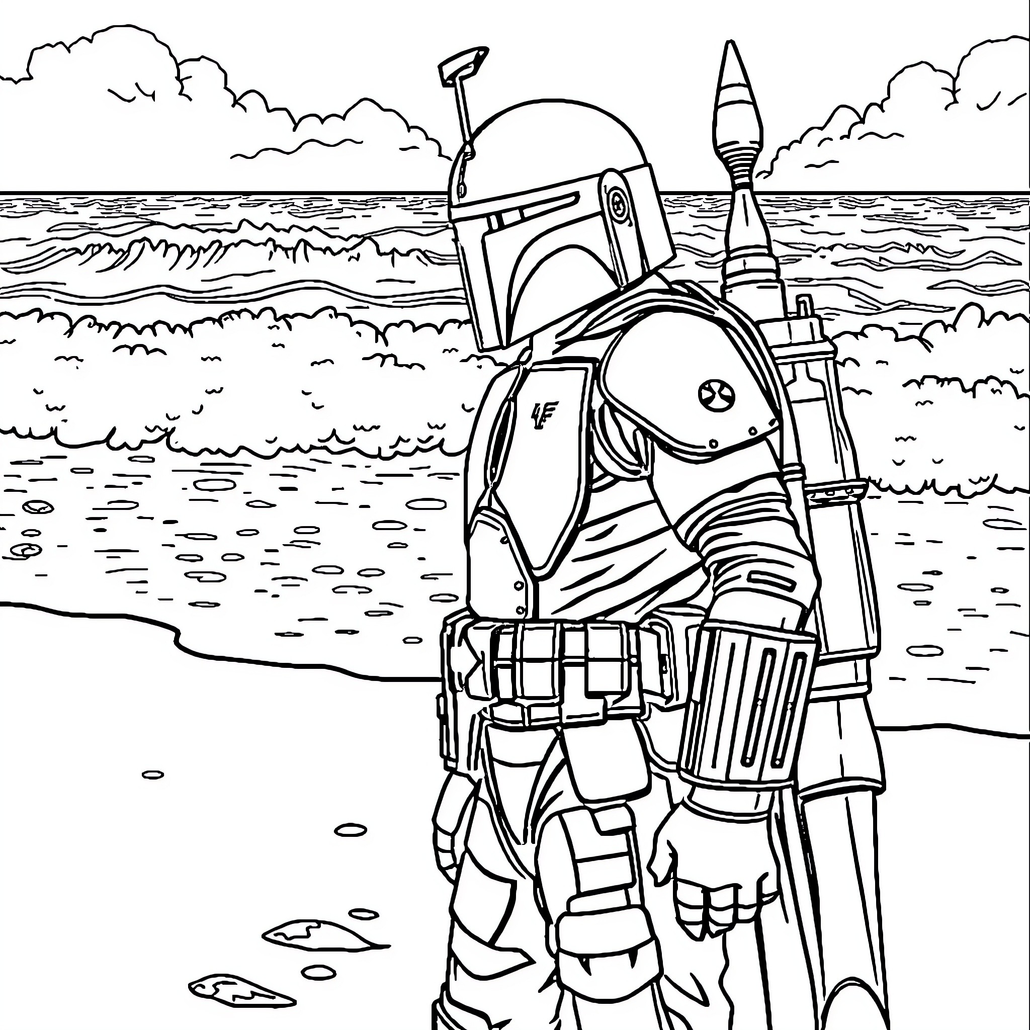 Boba Fett standing on a beach with a blaster Coloring Page (free black-and-white line drawing printable PDF for all, from beginners to advanced learners, including children, teens, adults, and seniors)