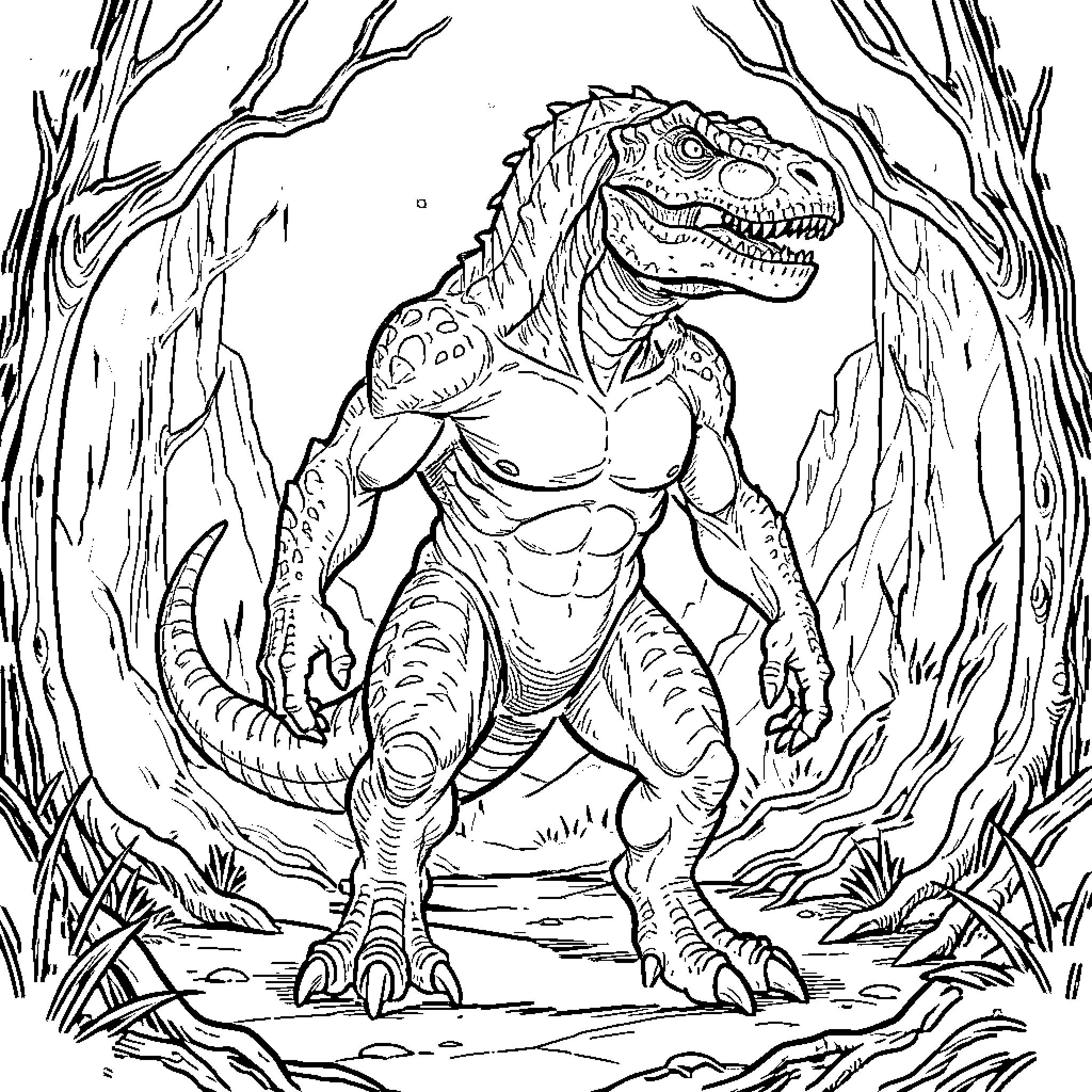 Distortus Rex standing powerfully amidst a prehistoric forest Coloring Page (free black-and-white line drawing printable PDF for all, from beginners to advanced learners, including children, teens, adults, and seniors)