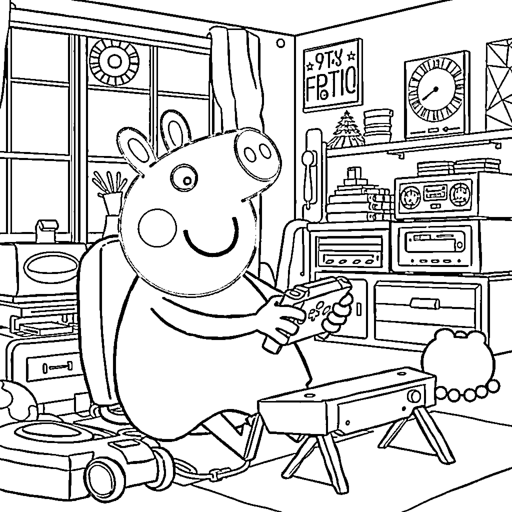 Pepa Pig playing video games in her room Coloring Page (free black-and-white line drawing printable PDF for all, from beginners to advanced learners, including children, teens, adults, and seniors)
