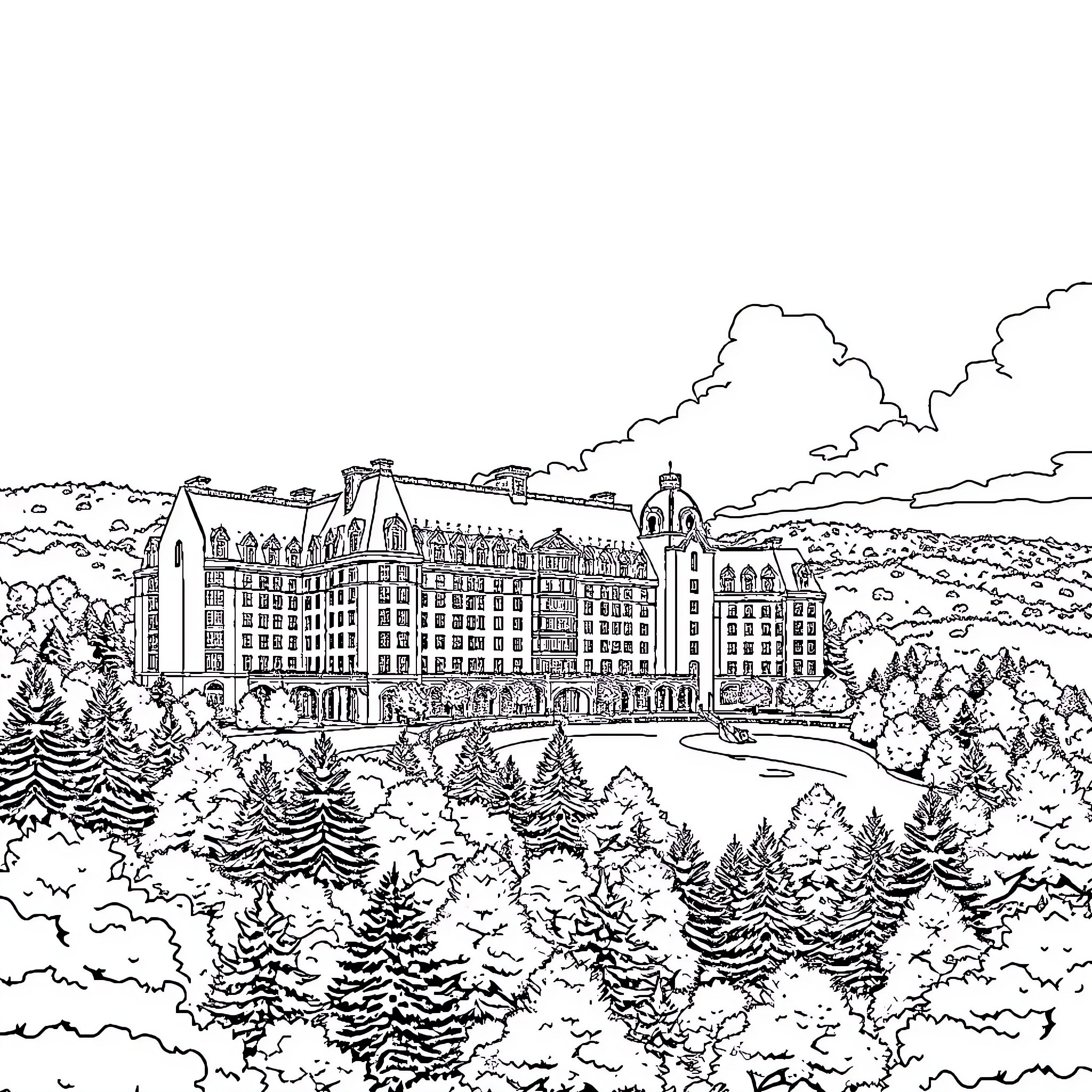 French Lick Resort: Elegant Architecture in a Scenic Landscape Coloring Page (free black-and-white line drawing printable PDF for all, from beginners to advanced learners, including children, teens, adults, and seniors)