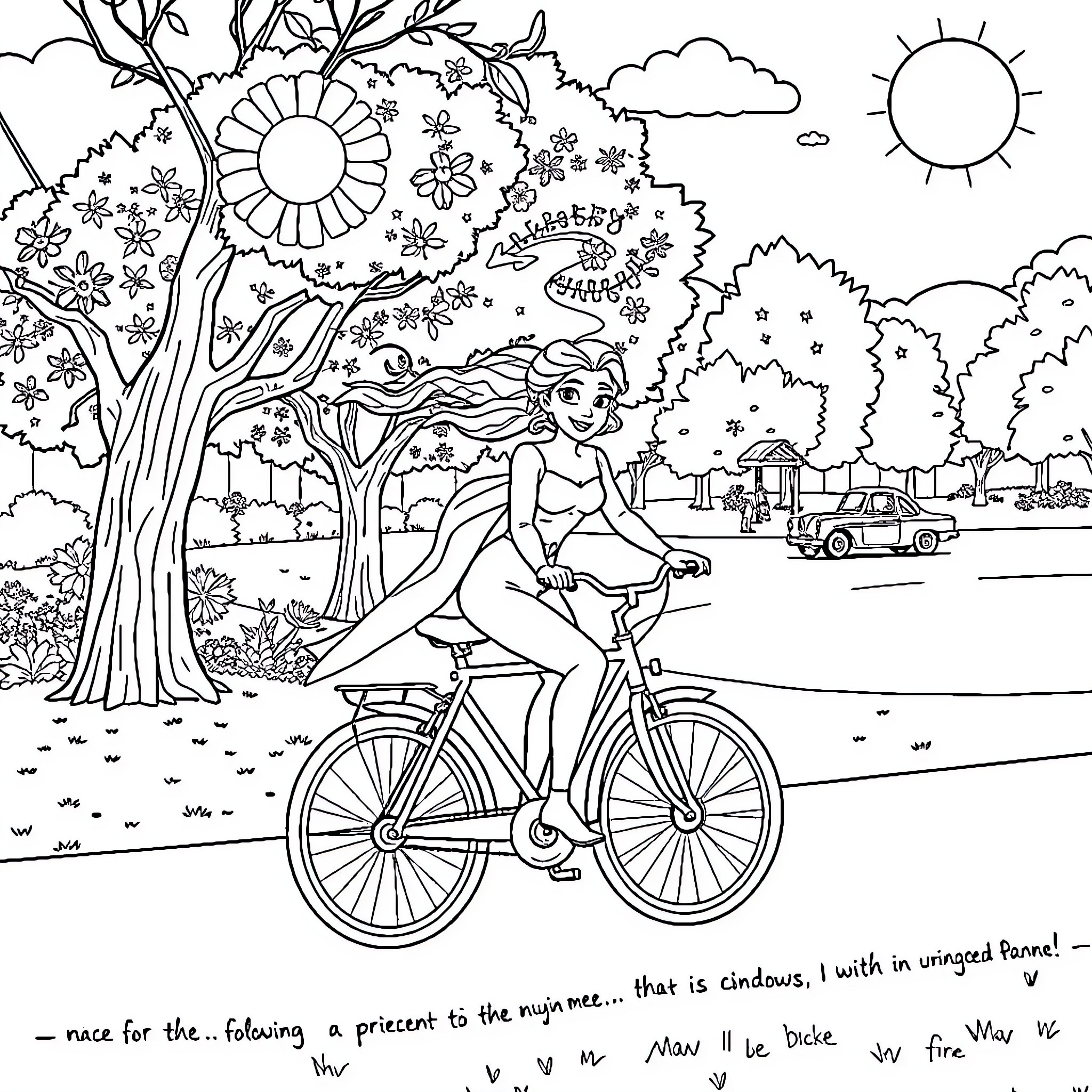 Elsa's Bicycle Adventure in the Sunny Countryside Coloring Page (free black-and-white line drawing printable PDF for all, from beginners to advanced learners, including children, teens, adults, and seniors)